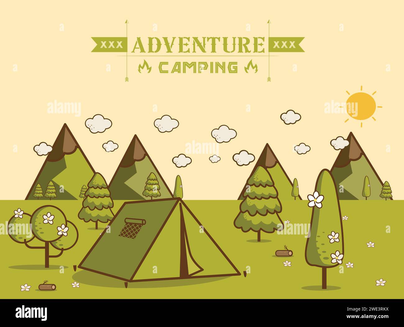 paysage naturel. paysage matinal dans les montagnes. solitude dans la nature par la montagne. week-end dans la tente. randonnée et camping. vecteur plat illustr Illustration de Vecteur