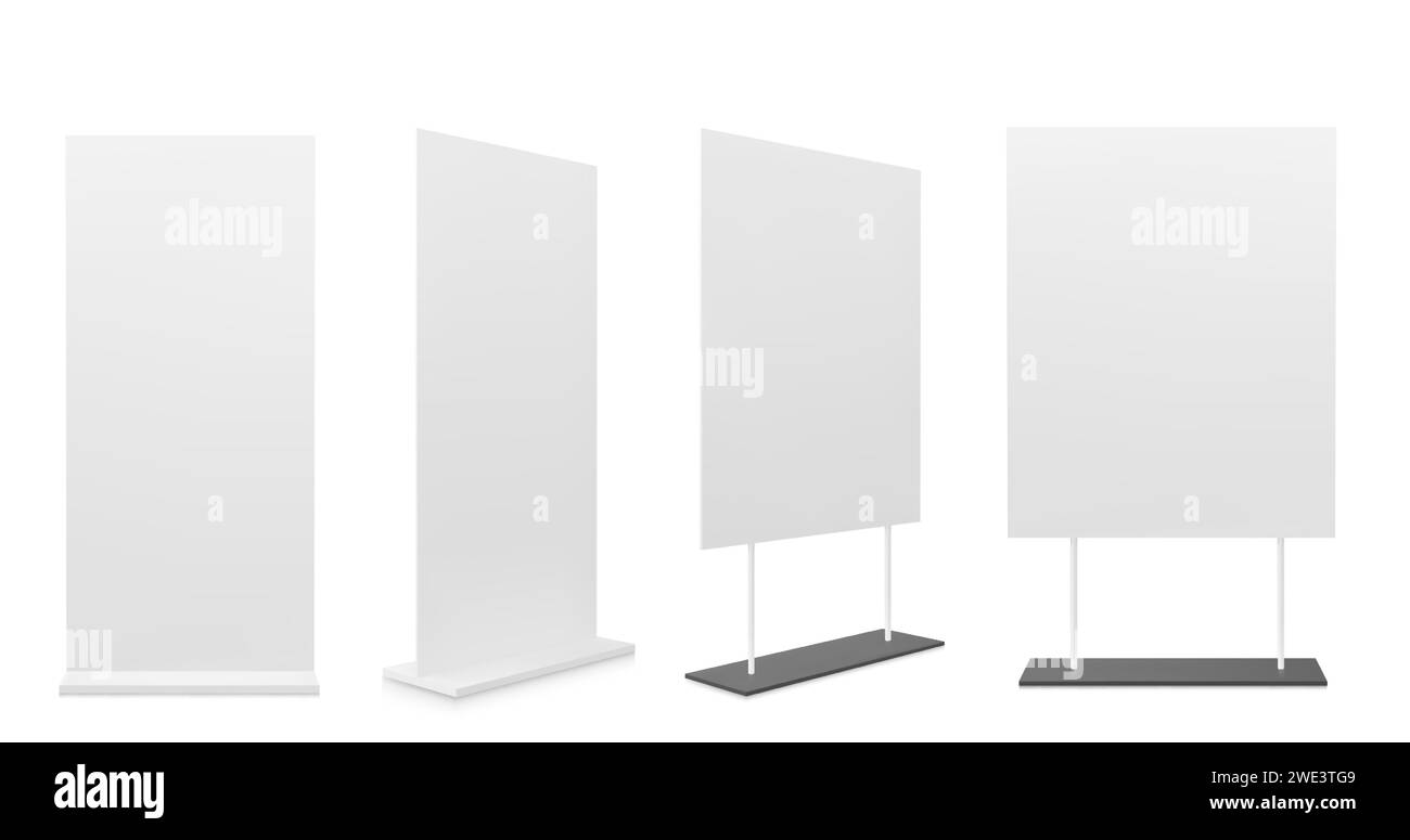 Ensemble 3D de supports publicitaires vierges isolés sur fond blanc. Illustration réaliste vectorielle de l'équipement de stand de salon commercial, maquette de bannière pour la présentation du produit, affiche pop up vue avant et latérale Illustration de Vecteur