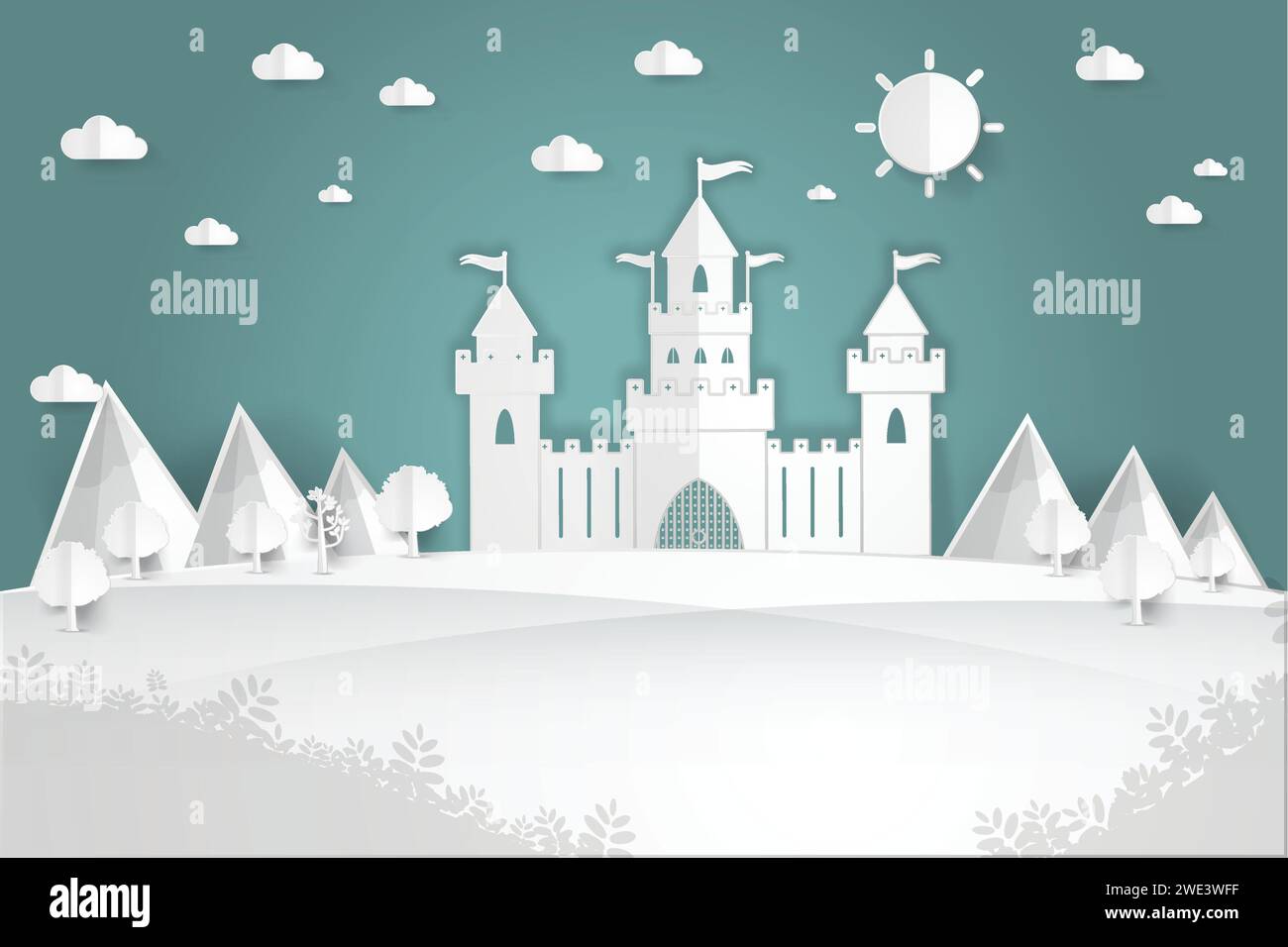 Château de papier blanc Paysage de montagne sur papier pop up style coupé, illustration vectorielle Illustration de Vecteur