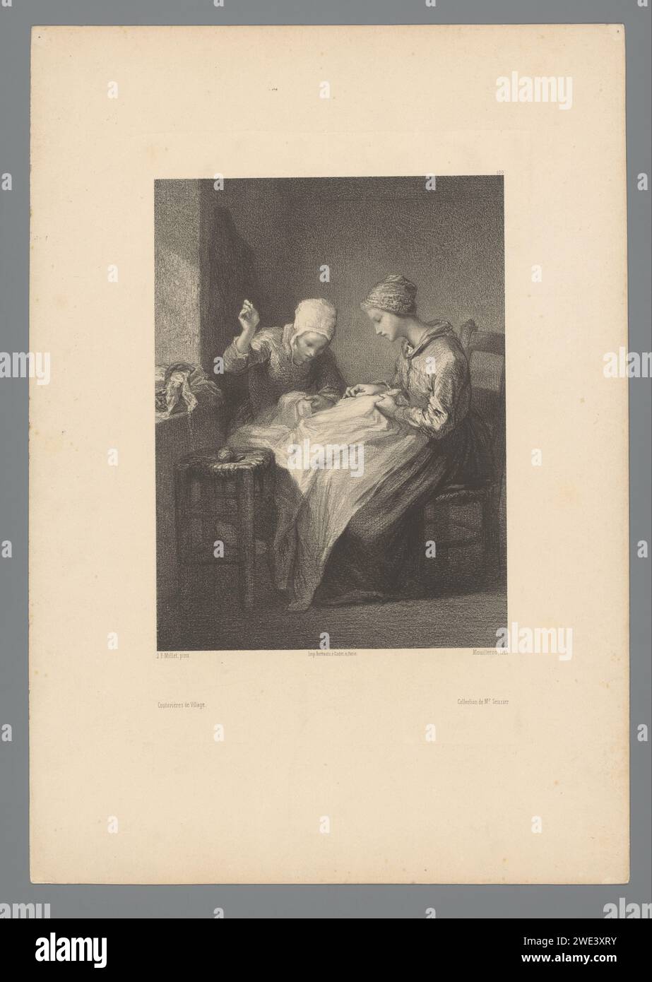 Deux jeunes couturières au travail, Adolphe Mouilleron, d'après Jean François Millet, 1851 - 1862 papier Paris. couture. femme adulte Banque D'Images