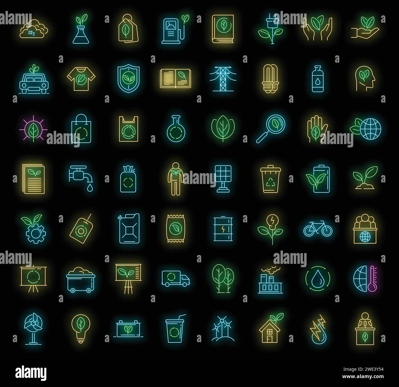 Jeu d'icônes d'écologiste. Ensemble de contours des icônes vectorielles écologistes couleur néon sur noir Illustration de Vecteur