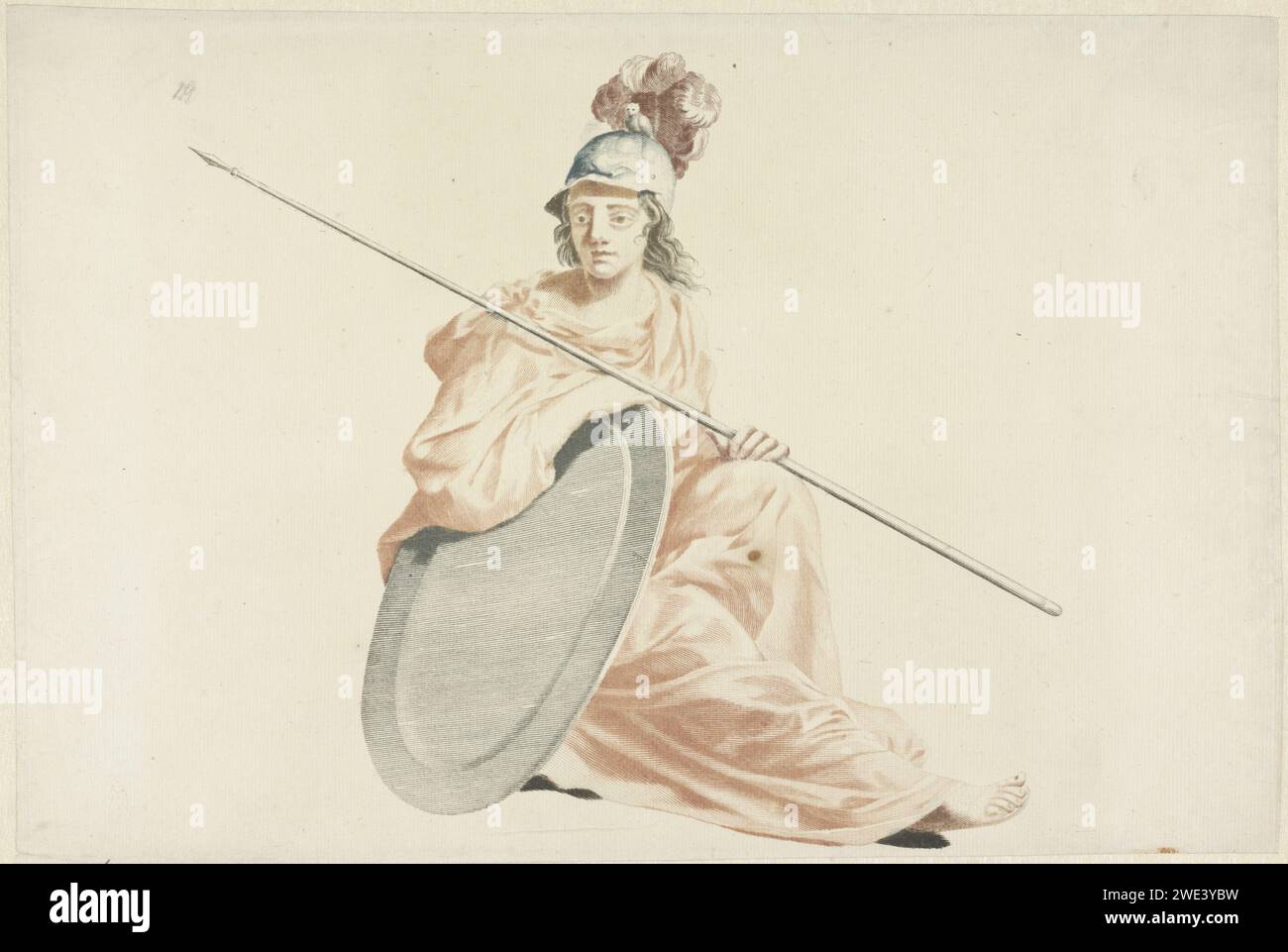 Minerva, anonyme, 1688 - 1698 imprimer Minerva, déesse de la sagesse, assise avec son bouclier et sa lance. Sur sa tête le casque avec son attribut la chouette. Gravure sur papier pays-Bas (histoire de) Minerva (Pallas, Athéna). Attributs de Minerva : owl Banque D'Images