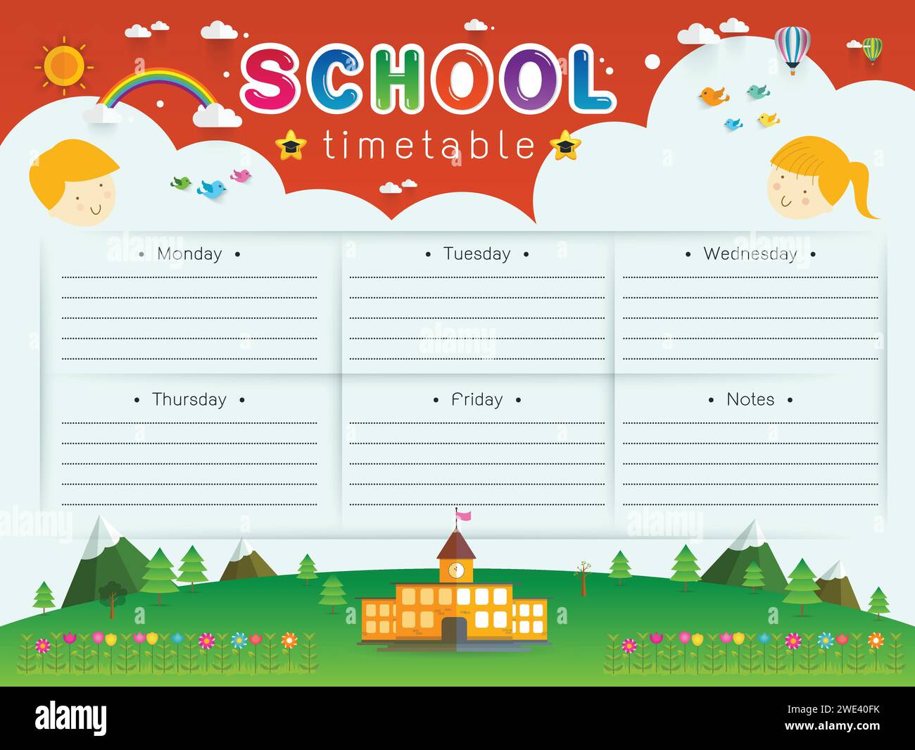 Conception de cadre de fond de l'horaire de l'école, calendrier, illustration vectorielle de calendrier hebdomadaire de l'école Illustration de Vecteur