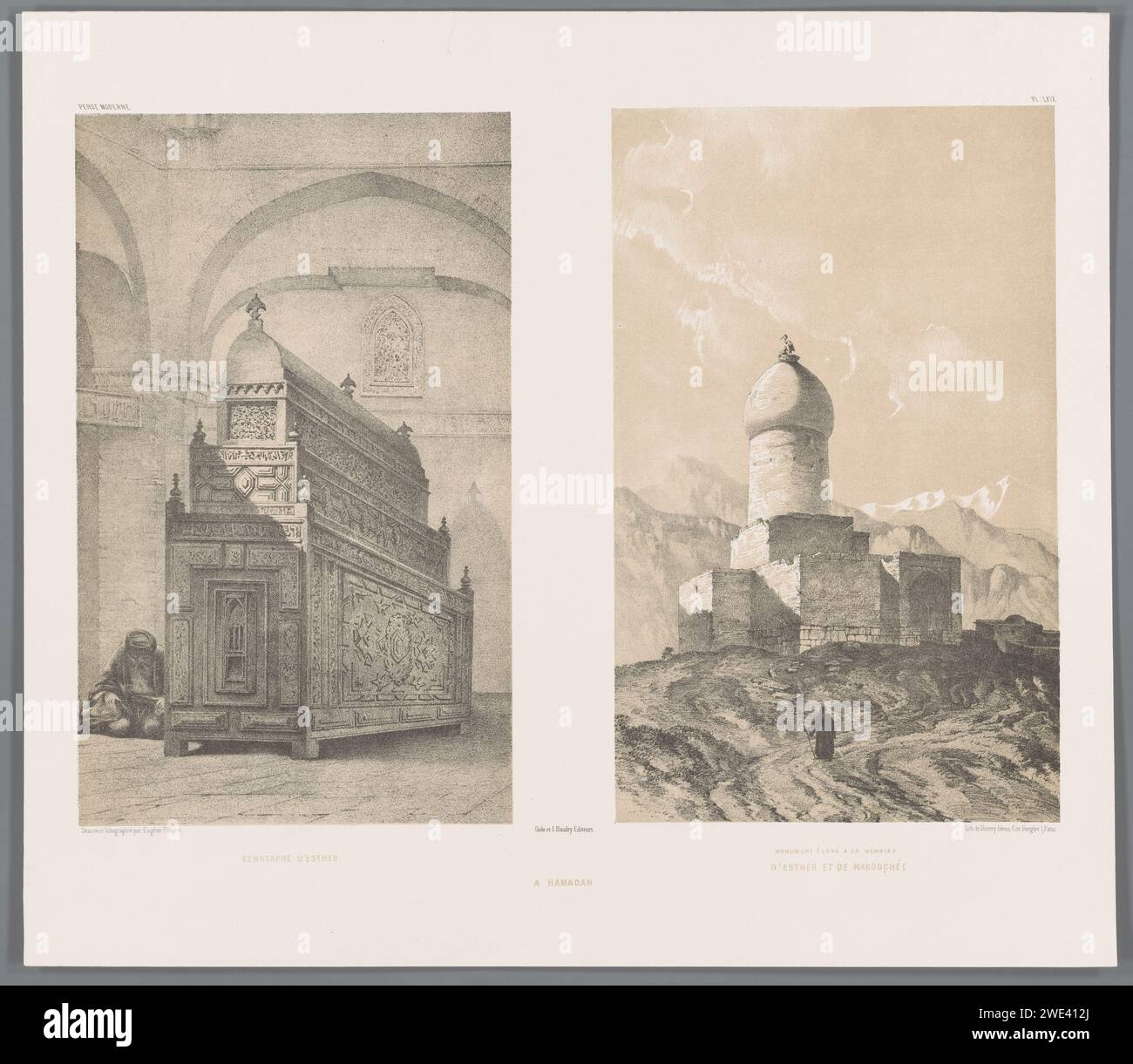 Tombe d'Esther et de Mordecai, Eugène Flandin, 1843 - 1854 imprimer deux images : à gauche le cénotaaf pour Esther et à droite un visage à l'extérieur de la tombe, près de Hamadan, Iran. Au-dessus de l'image le titre de la série, en haut à droite le numéro de plaque 'PL. Lxix'. Papier de Paris sham-grave, cénotaphe. Construction de tombes, tombe monumentale Hamad Banque D'Images