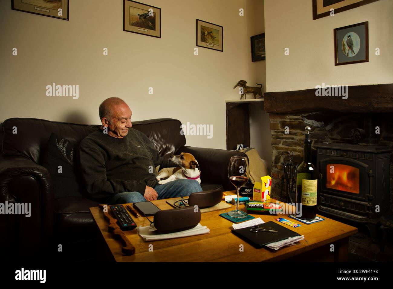 Vieil homme assis dans son salon avec son chien de compagnie Banque D'Images