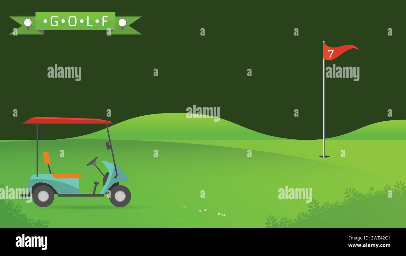 Arrière-plan de terrain de golf beau paysage, illustration de fond d'arbre vert de vecteur de trou de golf avec drapeau de voiturette de golf et arbres Illustration de Vecteur