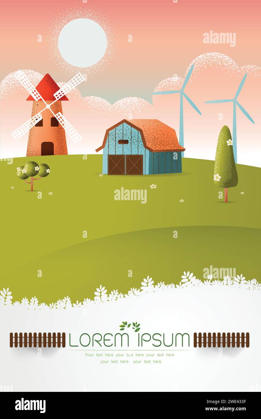 Paysage naturel de champ de ferme verticale et un village sur une colline avec un espace pour le texte Vector texture style illustration concept. Illustration de Vecteur