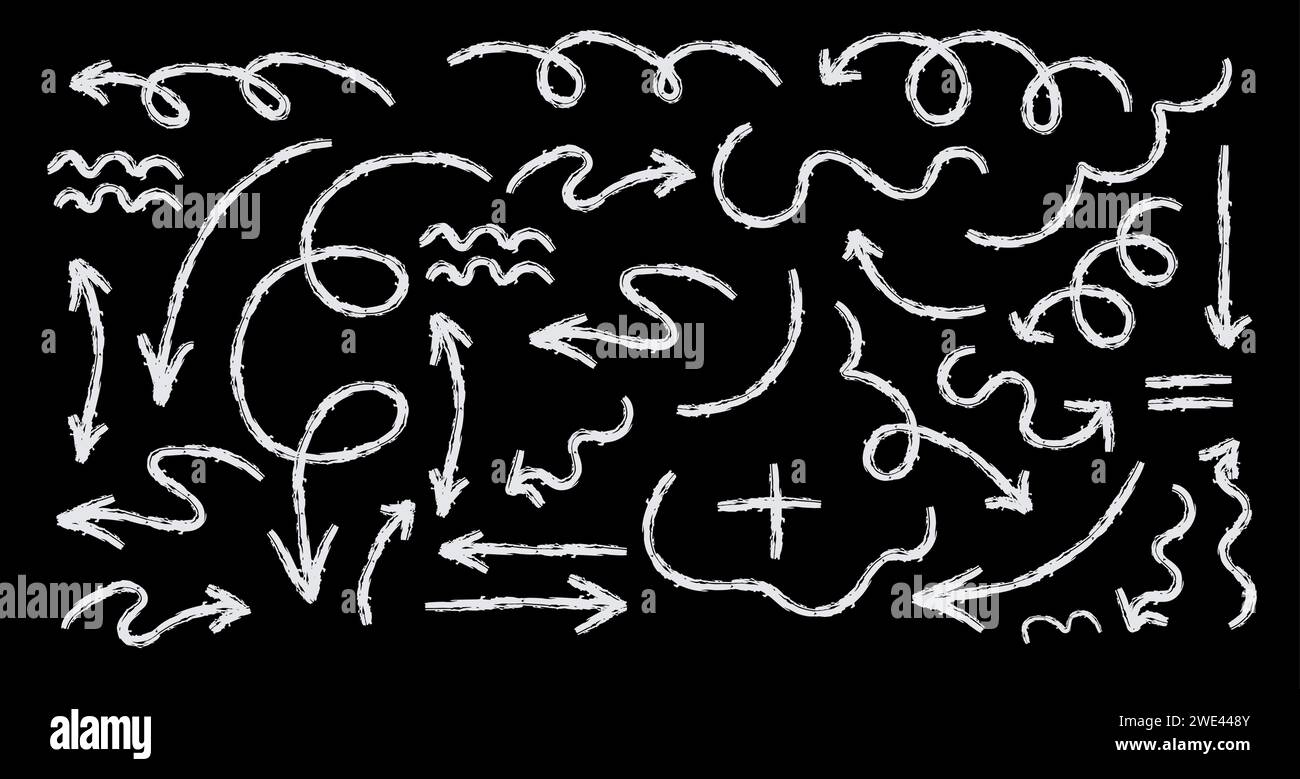 Jeu de flèches de ligne de charbon de craie dessinées à la main. flèches sinueuses et ondulées isolées sur noir. Groupe de coups de griffons et de griffons. Eléments pour diag Illustration de Vecteur