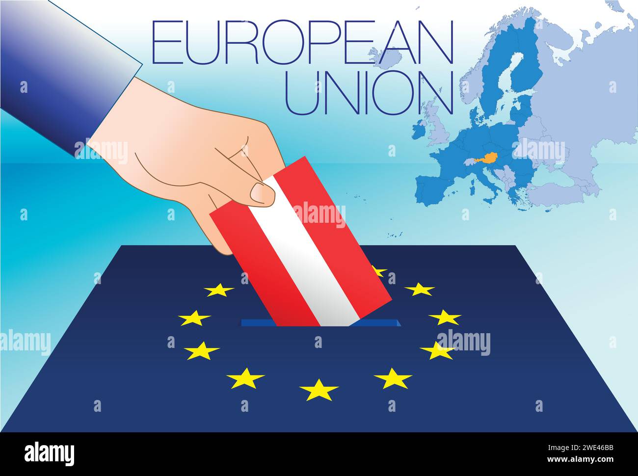 Union européenne, salle de vote, élections au Parlement européen, drapeau et carte de l'Autriche, illustration vectorielle Illustration de Vecteur