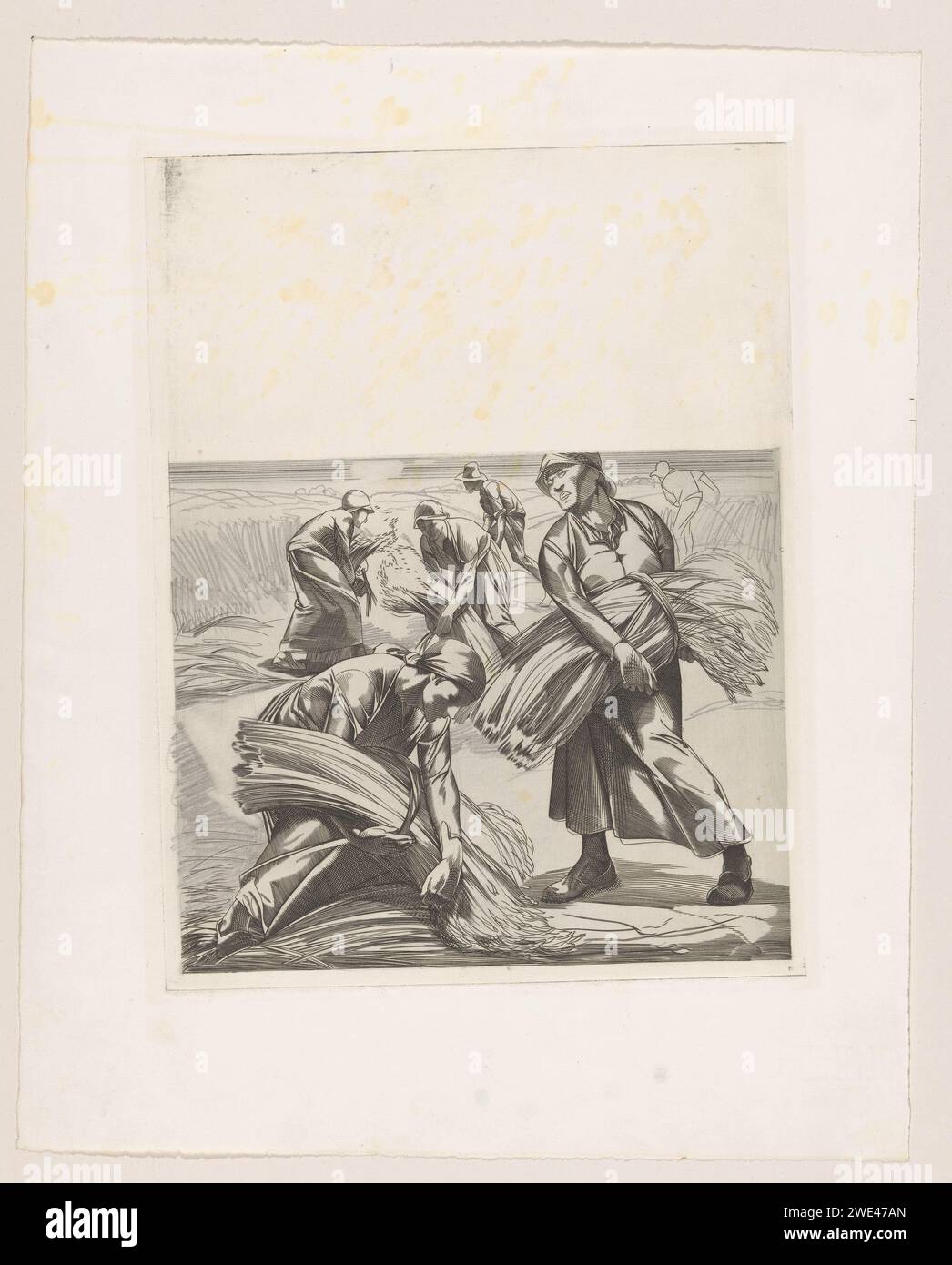 Koren Harvest, Johannes Josephus Aarts, 1881 - 1934 imprimer hommes et femmes avec des faisceaux de chœurs fauchés dans leurs bras. papier. reliure de gravure au crayon  récolte. céréales, céréales, maïs (herbe avec céréales, cultivée pour l'alimentation, par exemple : blé, riz, seigle, avoine, maïs, sarrasin, millet) Banque D'Images