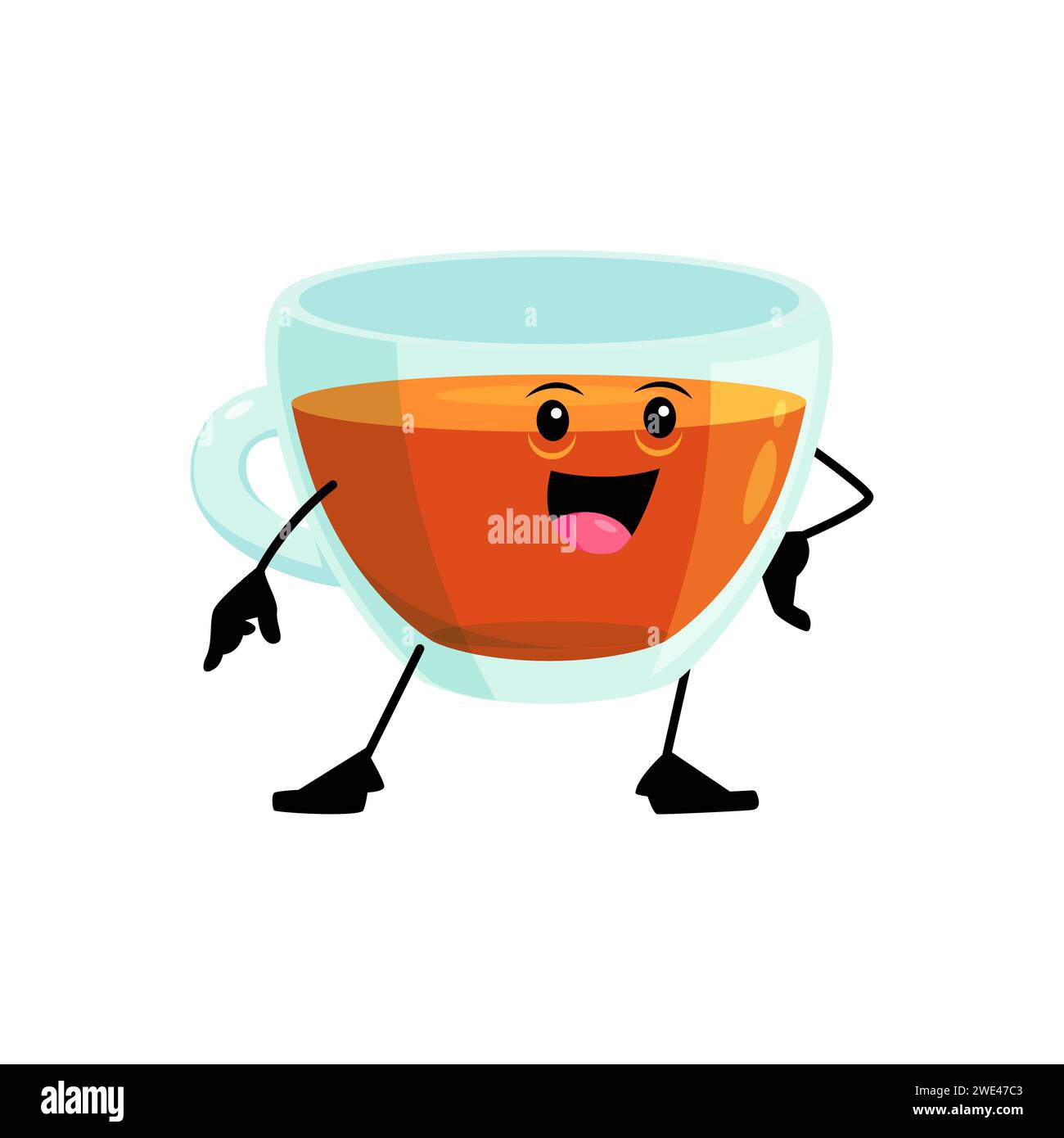 Dessin animé joyeuse tasse de thé petit déjeuner caractère avec un visage souriant, et poignée, exsudant une ambiance accueillante et chaleureuse. Mug en verre transparent vecteur isolé Personage invitant à une expérience culinaire confortable Illustration de Vecteur