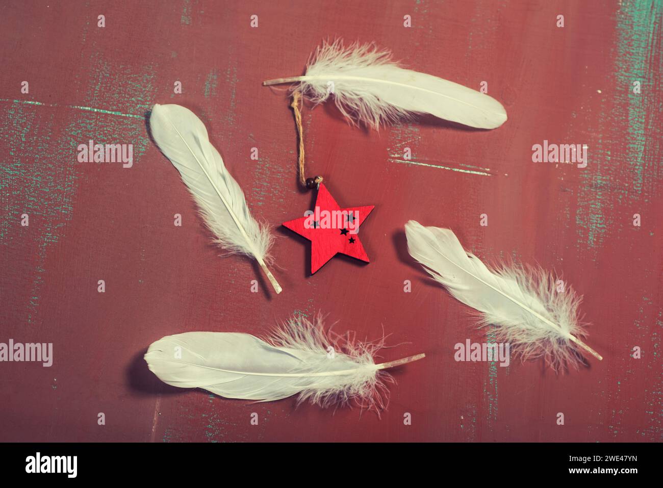 Étoile en bois rouge et plumes blanches Banque D'Images