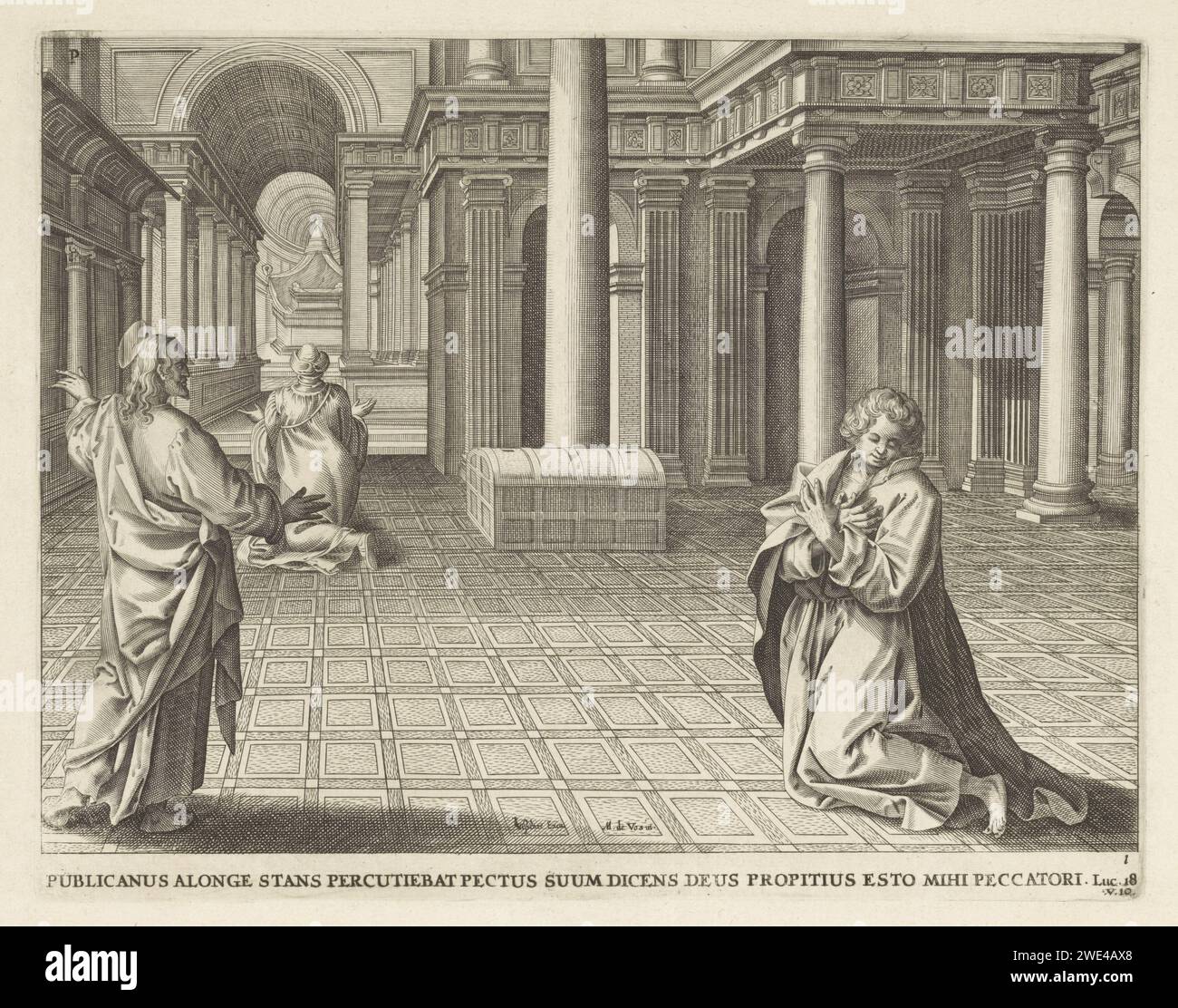 Similitude du Pharise et du Tollenaar, Anonyme, d'après Adriaen Collaert, d'après Lucas van Doetechum, d'après Joannes van Doetechum (I), d'après Maerten de vos, 1643 estampe Christ, debout à gauche, raconte la similitude du Pharise et du Tollenaar. A droite, le publicain s’agenouille dans le temple avec repentance et demande la grâce à Dieu. Dans l'autel en arrière-plan, le Pharise, qui remercie Dieu, prie pour qu'il ne soit pas comme le publicain. Sous le spectacle une référence en latin au texte de la Bible en Luc. 18:10. Amsterdam papier gravure le pharisien priant et le publicain repentant dans le temple (Luc 18 Banque D'Images