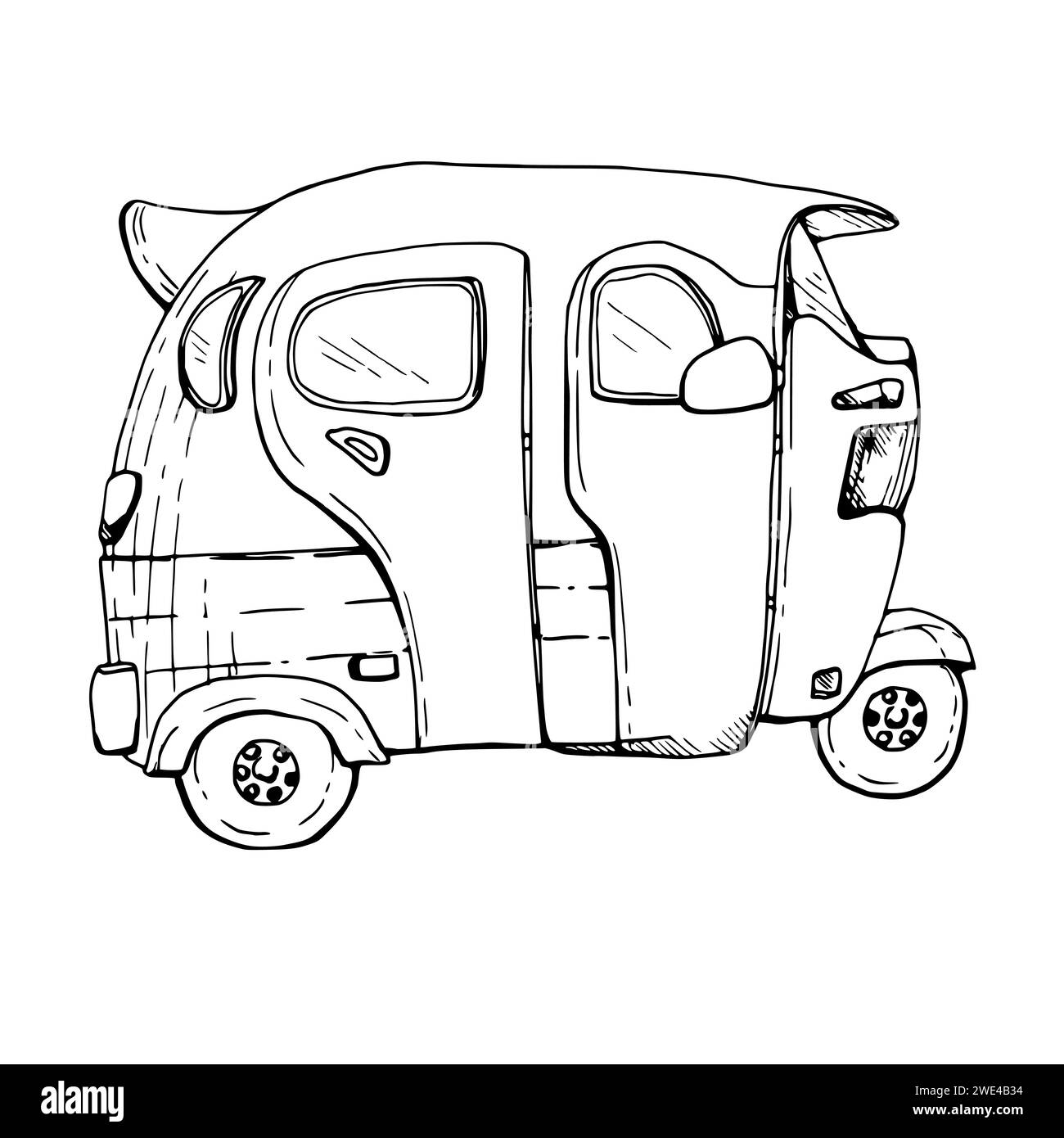Illustration vectorielle d'encre dessinée à la main, petit véhicule de transport de voiture mototaxi Amérique centrale du Sud Inde Asie. Objet unique isolé sur blanc Illustration de Vecteur