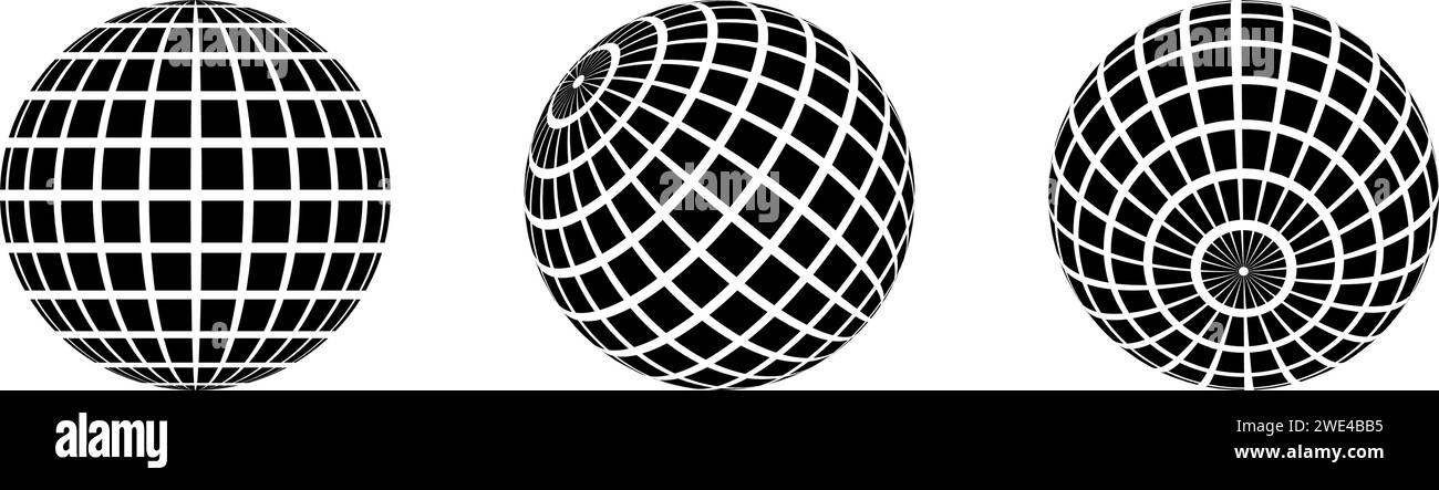 Jeu de boules disco noires. Collection de sphères filaires dans différents angles. Globe en grille ou faisceau de planètes. Pack d'éléments mirrorball de contour pour affiche, bannière, couverture de musique, fête. Illustration vectorielle Illustration de Vecteur