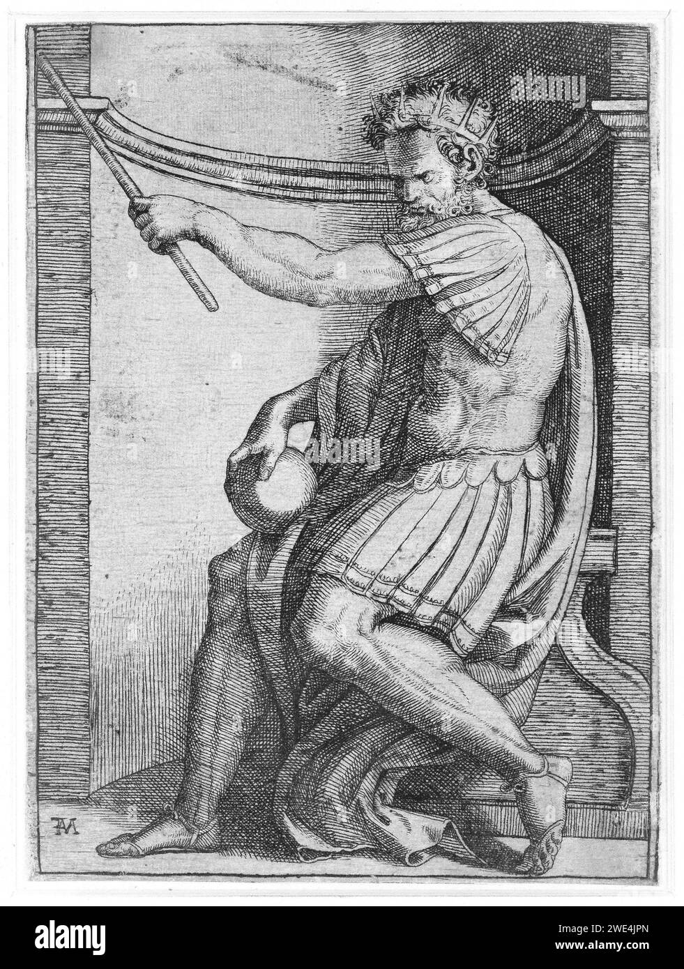 Empereur avec couronne et sceptre et globe assis sur le trône à NIS, Marcantonio Raimondi, d'après Rafaël, 1510 - 1527 print Italie gravure sur papier empereur Banque D'Images