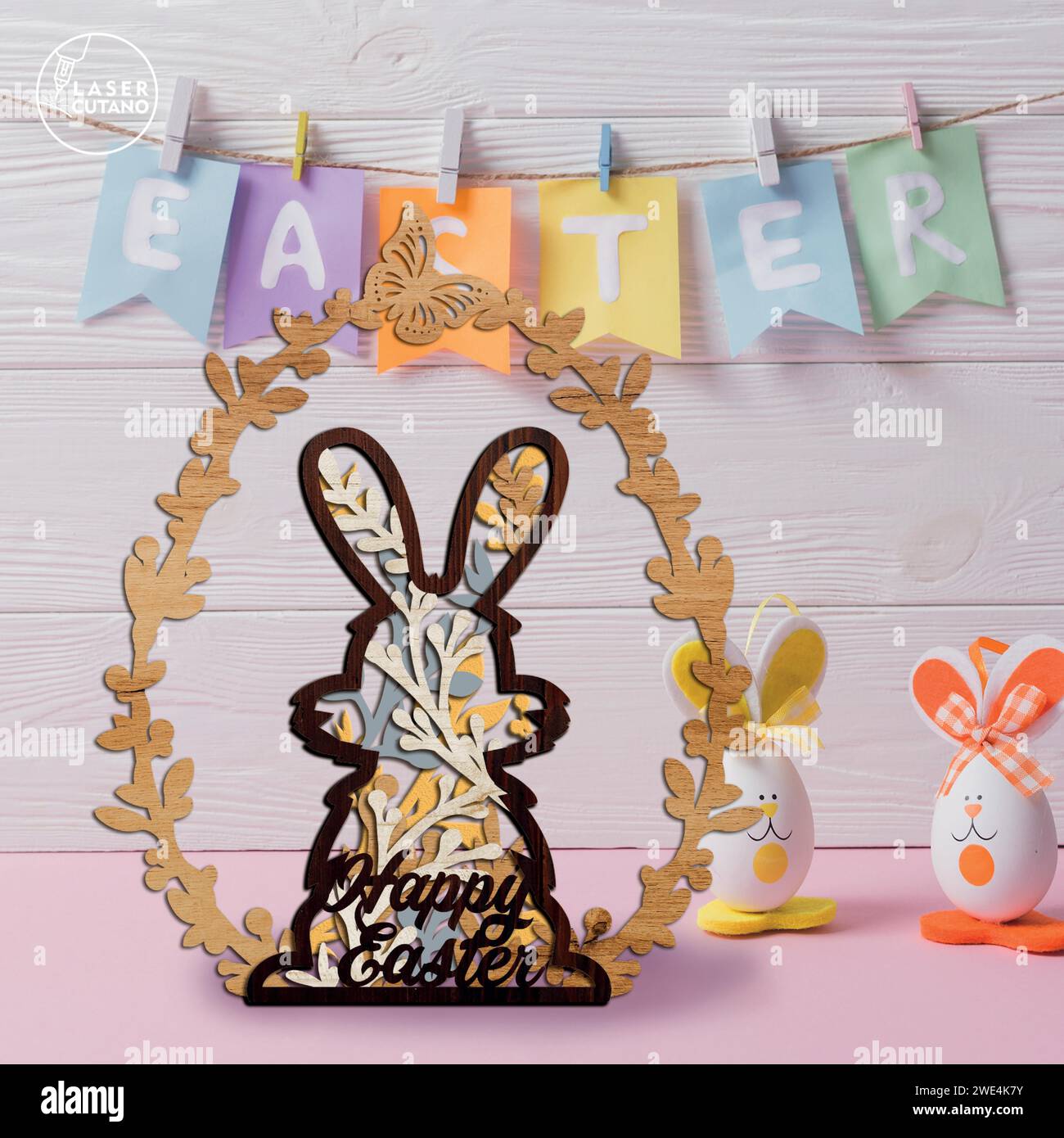 PAQUET LAPIN DE PÂQUES les fichiers de disposition multicouches numériques sont spécialement préparés pour la découpe laser, la machine de routeur CNC et d'autres machines de découpe. Illustration de Vecteur