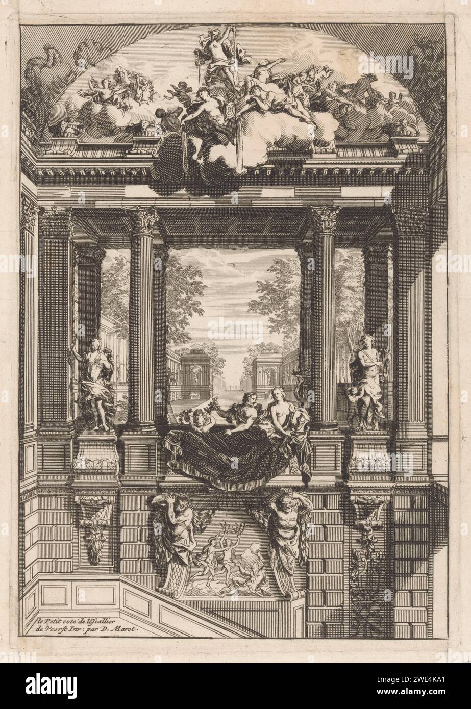 Décoration pour cage d'escalier de Hertog d'Albemarle à Voorst, Anonyme, d'après Daniël Marot (I), en ou après 1703 imprimer trompe-l'oeil Décoration pour cage d'escalier avec termes, colonnes et dieux. Escalier de gravure en papier des pays-Bas. « Illusion d'optique » avant-plan Banque D'Images