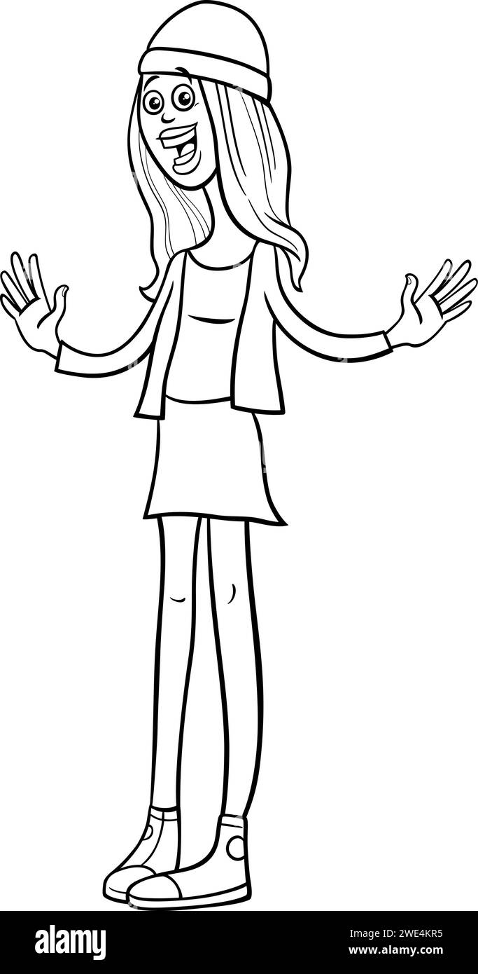 Illustration de dessin animé de la page de coloriage de personnage de fille heureuse ou de jeune femme Illustration de Vecteur