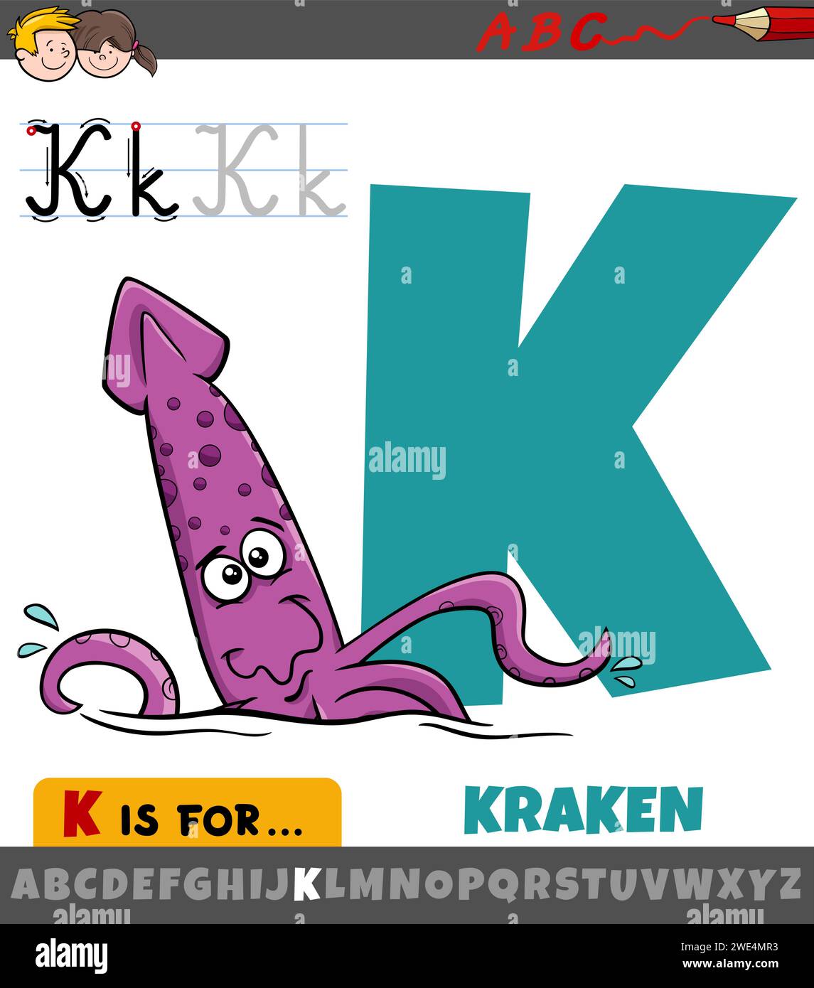 Illustration de dessin animé éducatif de la lettre K de l'alphabet avec le caractère animal fantastique kraken Illustration de Vecteur