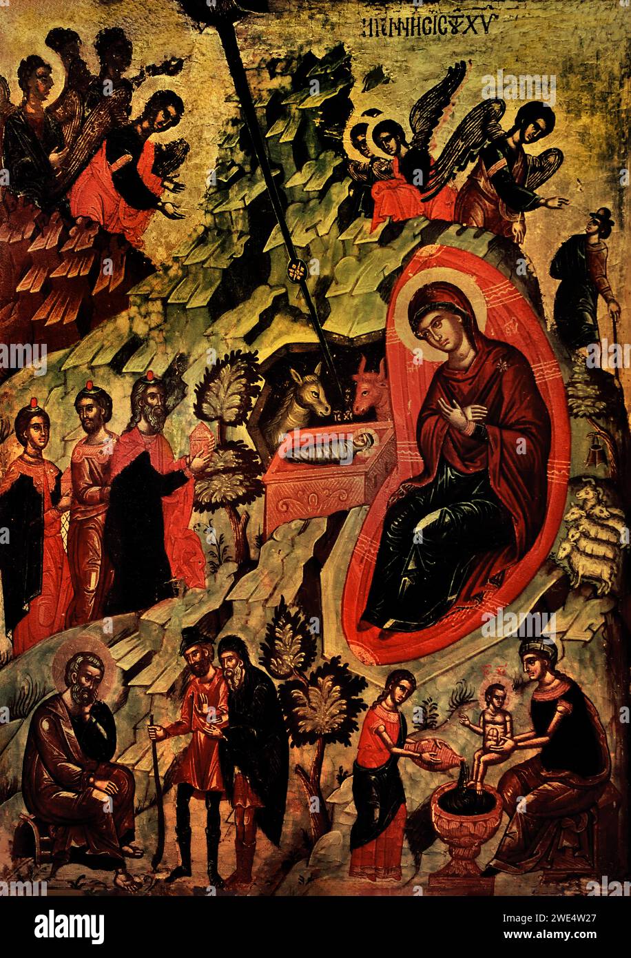 La Nativité 17e siècle ( influence de l'art italien atelier crétois, Musée Benaki Athènes Grèce. (Adoration, Mages, adoration des Rois, Nativité de Jésus, trois Mages, représentés comme rois, trouvèrent Jésus en suivant une étoile, posèrent devant lui des cadeaux d'or, d'encens, et de myrrhe, et l'adorer,) Banque D'Images