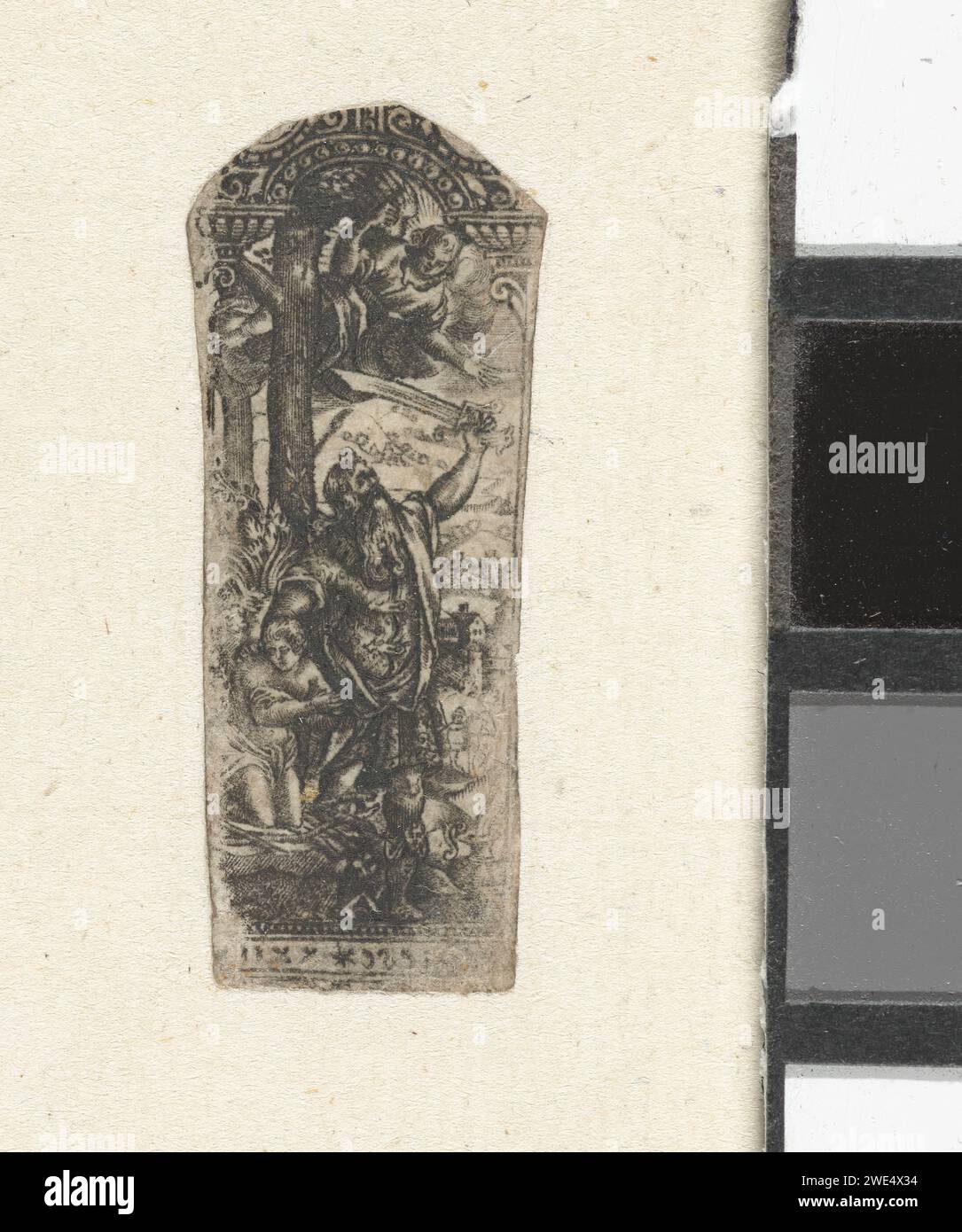 Messenheft avec le sacrifice d'Abraham, Anonyme, 1500 - 1600 print Abraham sacrifie son fils Isaac. Avec inscription : Genese XXII (v.l.n.r.o. en image miroir) pays-Bas (éventuellement) gravure sur papier Banque D'Images