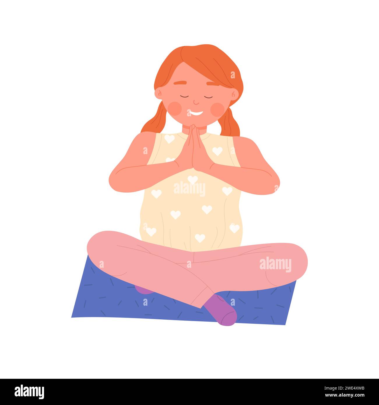 Petite fille souriante en pose de méditation. Enfants pratiquant l'illustration vectorielle de dessin animé de sport de yoga Illustration de Vecteur