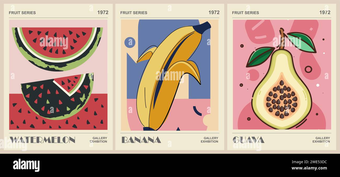 Ensemble d'affiches rétro abstraites du marché des fruits. Illustration de Vecteur Ensemble d'affiches rétro abstraites du marché des fruits. Illustration de Vecteur