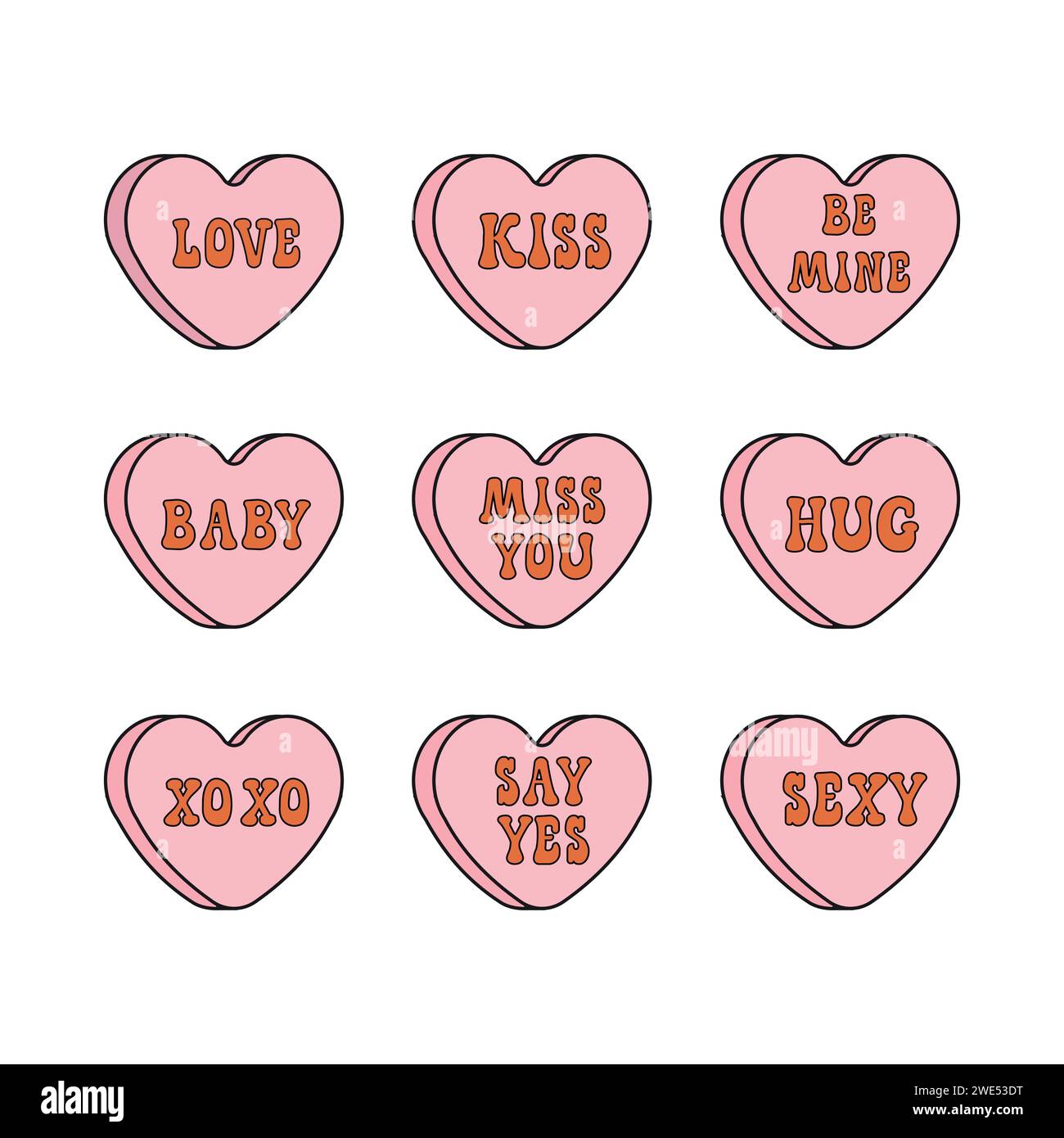 Vector Set de bonbons d'amour groovy rétro dessin animé Valentine isolé sur fond blanc Illustration de Vecteur