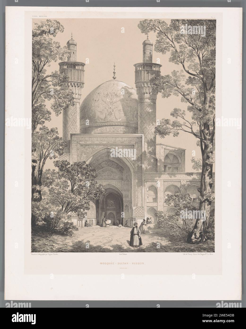 École Chahar Bagh à Ispahan, Eugène Flandin, 1843 - 1854 imprimer en haut à gauche l'image le titre de la série, en haut à droite la plaque numéro 'PL. L'. Papier de Paris. Bâtiment de l'université, collège Ispahan Banque D'Images