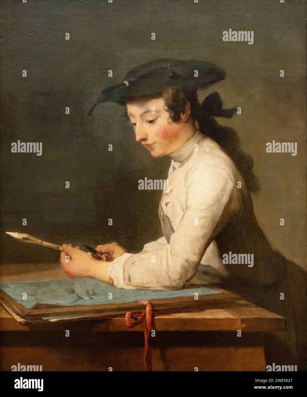 Jean Simeon Chardin peinture, 'le dessinateur', 1737, huile sur toile. peintre français du xviiie siècle de natures mortes et de portraits. Banque D'Images