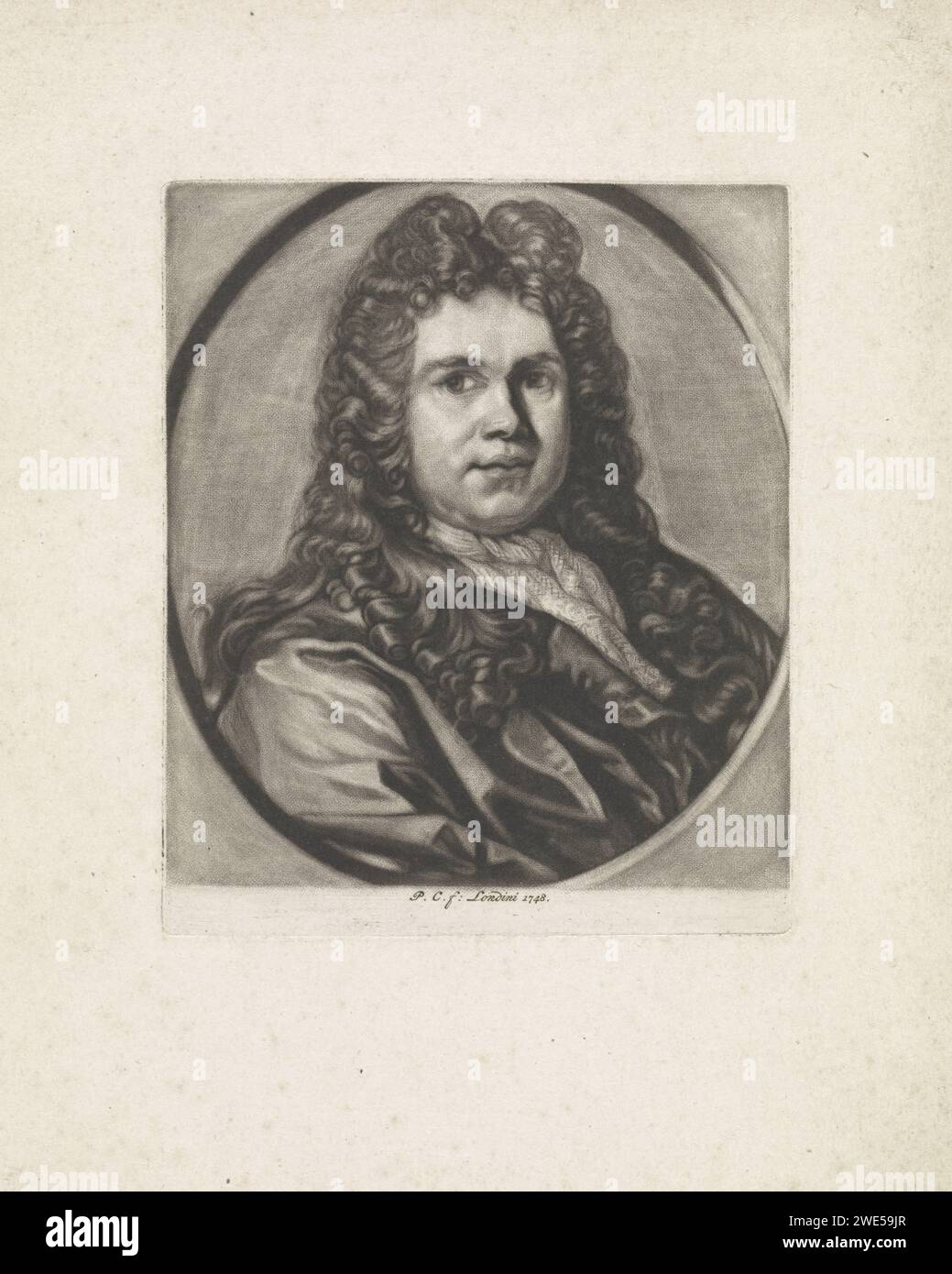 Portrait de Grinling Gibbons, Petrus Camper, 1748 tirage Portrait de la sculpture sur bois et sculpteur Grinling Gibbons. Portrait gravure papier londonien, autoportrait de sculpteur Banque D'Images