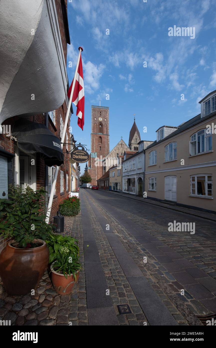 Ribe, vue le long de Grydergade jusqu'à l'église cathédrale, Jutland, Danemark Banque D'Images