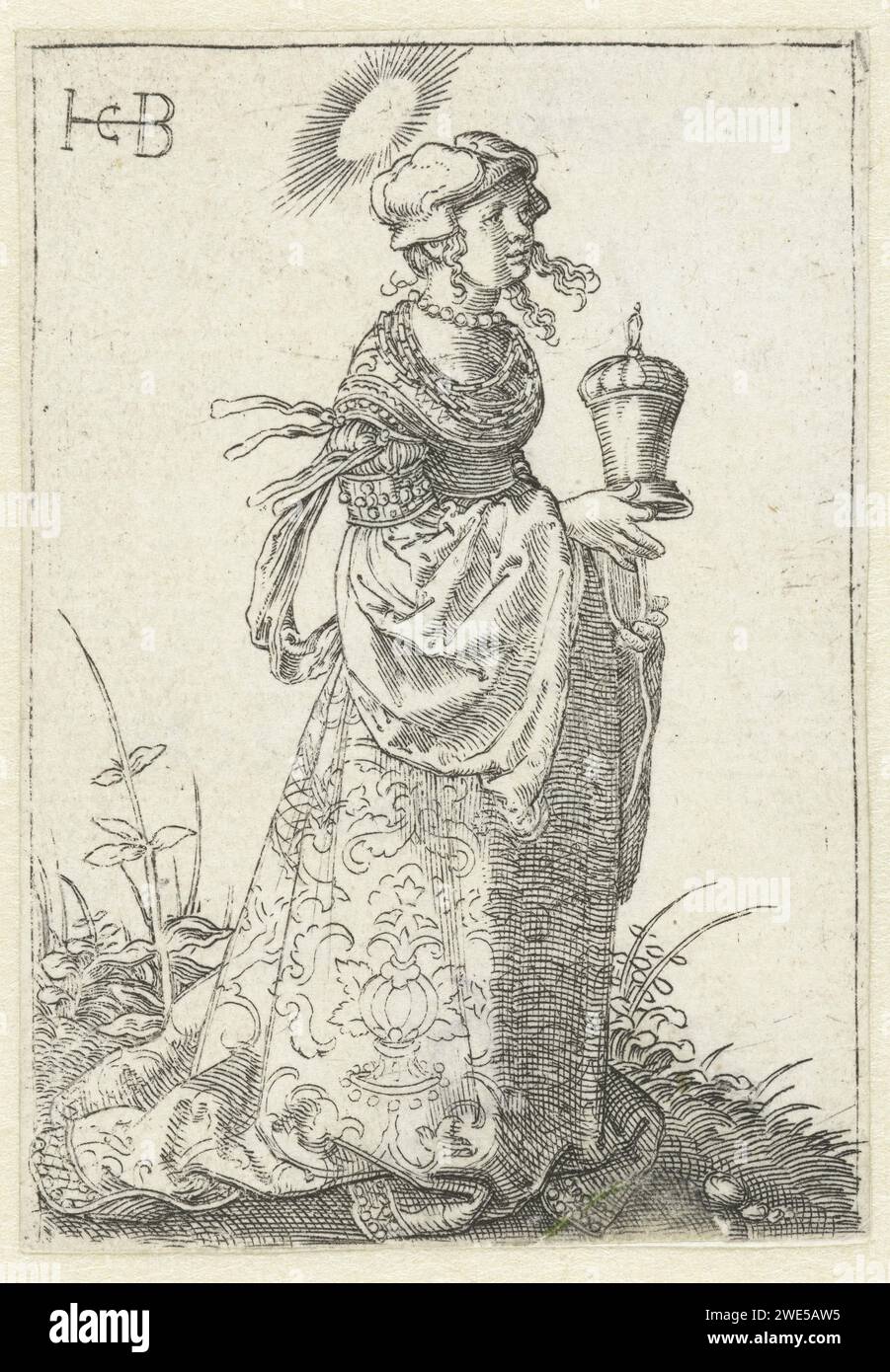 Maria Magdalena avec pot de pommade, Jacob Binck, 1526 imprimer Allemagne papier gravure la pénitente Harlot Marie Madeleine ; attributs possibles : livre (ou rouleau), couronne, couronne d'épines, crucifix, pot de pommade, miroir, instrument de musique, branche de palmier, rosaire, fléau Banque D'Images