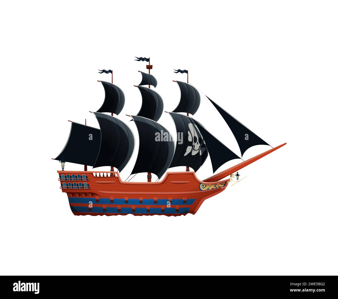Bateau pirate avec des voiles en lambeaux noires s'accumulant dans le vent. Les drapeaux de Jolly roger flottent, révélant un navire prêt pour l'aventure et le mystère. Vecteur isolé vintage formidable bateau brigantine corsair Illustration de Vecteur