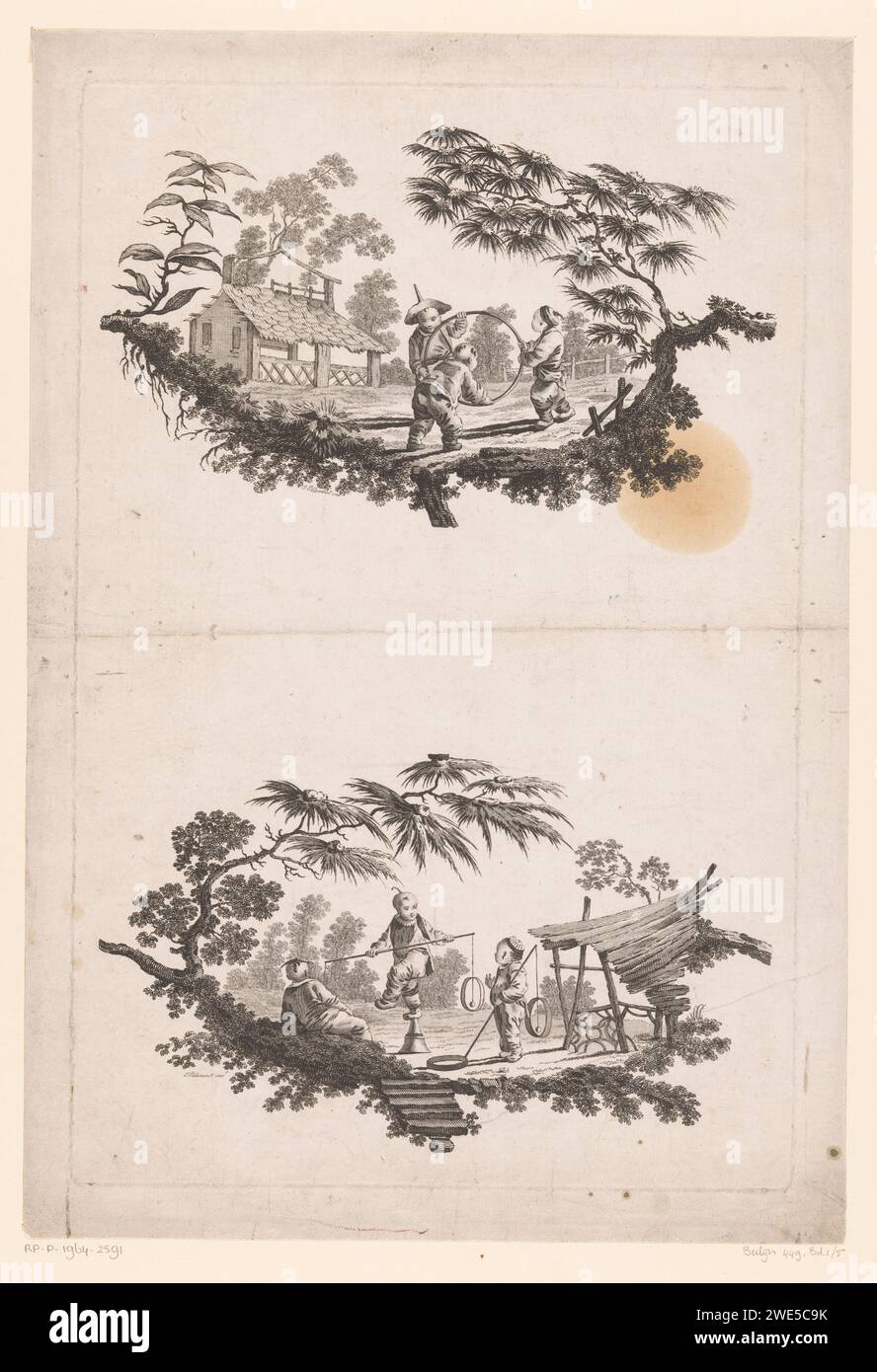 Enfants avec cerceau et équilibre avec bâton, Pierre Charles Canot, d'après Jean Baptiste pillement, 1759 impression ci-dessus : trois enfants chinois jouent avec un cerceau. Ci-dessous : un enfant chinois se balance sur un pion avec un bâton dans les mains. Deux enfants regardent. Autour des deux performances un cadre avec des arbres et des buissons. Jeux et pièces de théâtre pour enfants à graver sur papier londonien. (bowling a) hoop Banque D'Images