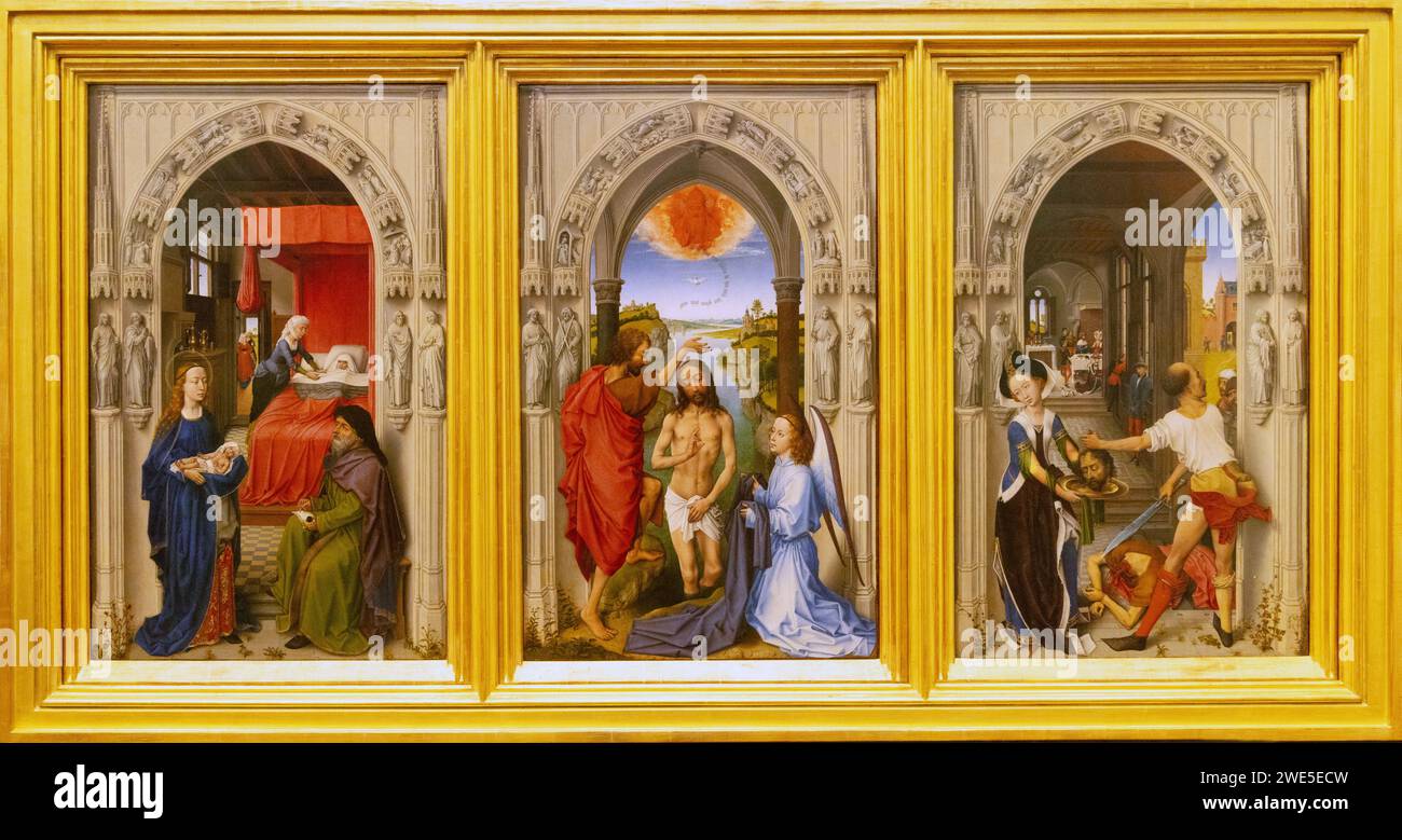 Tableau de Rogier van der Weyden, 'le retable de Saint Jean' c. 1455 ; tableau de retable du XVe siècle de la naissance, de la vie et de la mort de Jean-Baptiste Banque D'Images