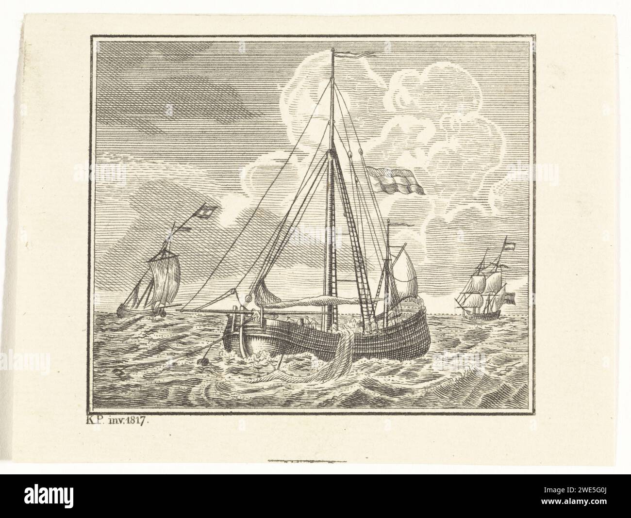 Voilier, K. Portman, 1817 imprimer Un voilier à voile repassé et le drapeau néerlandais en haut en mer. Deux autres voiliers en arrière-plan. Navires en papier (en général) - CC - plus d'un navire Banque D'Images