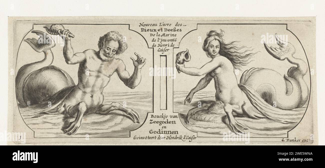 Deux compartiments, chacun dans un Triton, Anonyme, d'après Hendrick de Keyser (I), c. 1623 - avant 1656 impriment deux compartiments l'un à côté de l'autre dans lequel à gauche un triton avec une coquille à la main ; à droite une femelle triton avec une coquille à la main. Au milieu, le titre. Amsterdam (éventuellement) gravure sur papier Banque D'Images