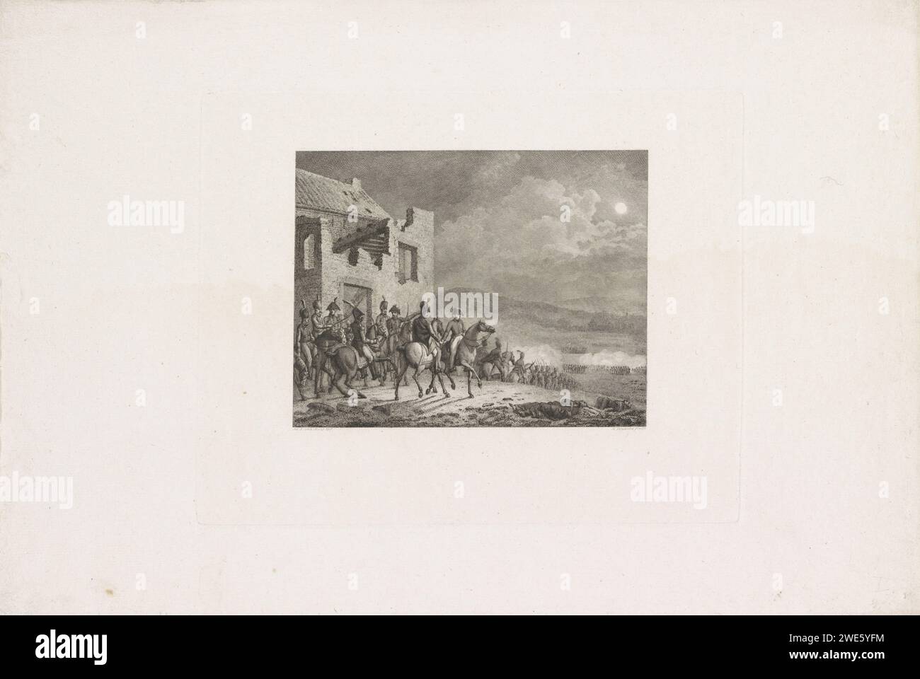 Rencontre entre Wellington et Blücher après la bataille de Waterloo, 1815, Reinier Vinkeles (I), d'après Mattheus Ignatius van Bree, 1815 - 1816 imprimer rencontre nocturne entre les généraux Wellington et Blücher à la ferme de la Belle Alliance après la bataille de Waterloo, le 18 juin 1815. Fait partie d'un groupe d'illustrations des événements autour et pendant les batailles de quatre-bras et Waterloo, 16-18 juin 1815. Pays-Bas papier gravure / gravure victor (après la bataille) la Belle Alliance. Waterloo Banque D'Images