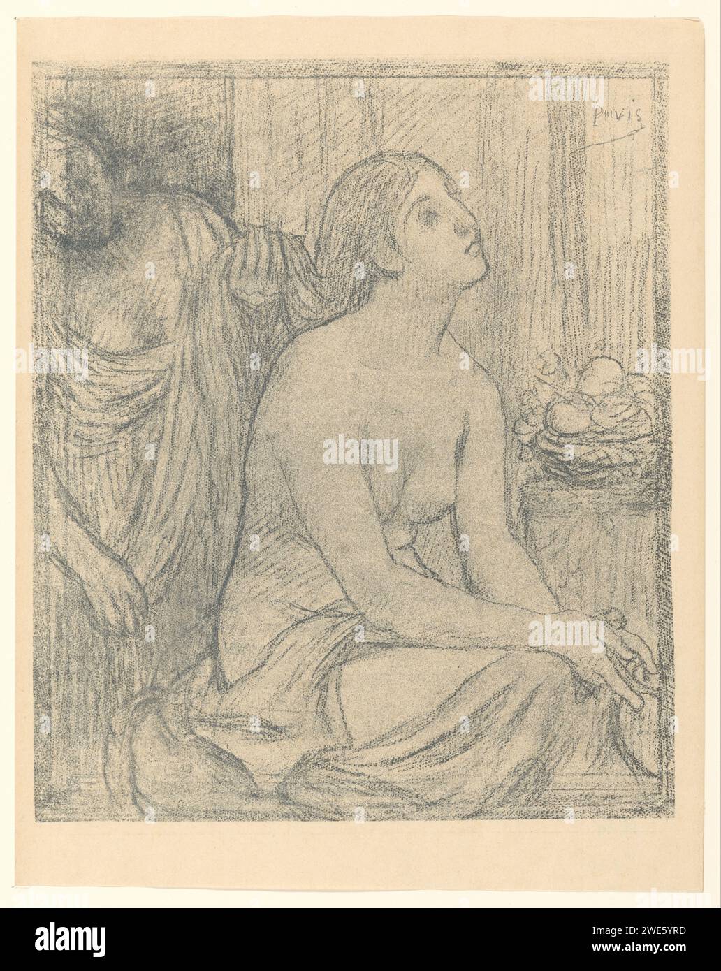 Femme sur ses toilettes, Pierre Cécile Puvis de Chavannes, en ou après 1834 - en ou avant 1898 imprimer Une femme de ménage peigne les cheveux longs de la femme. Paris papier soin des cheveux. Faire toilette - AA - (pour) les femmes. Figure assise - AA - figure humaine féminine Banque D'Images