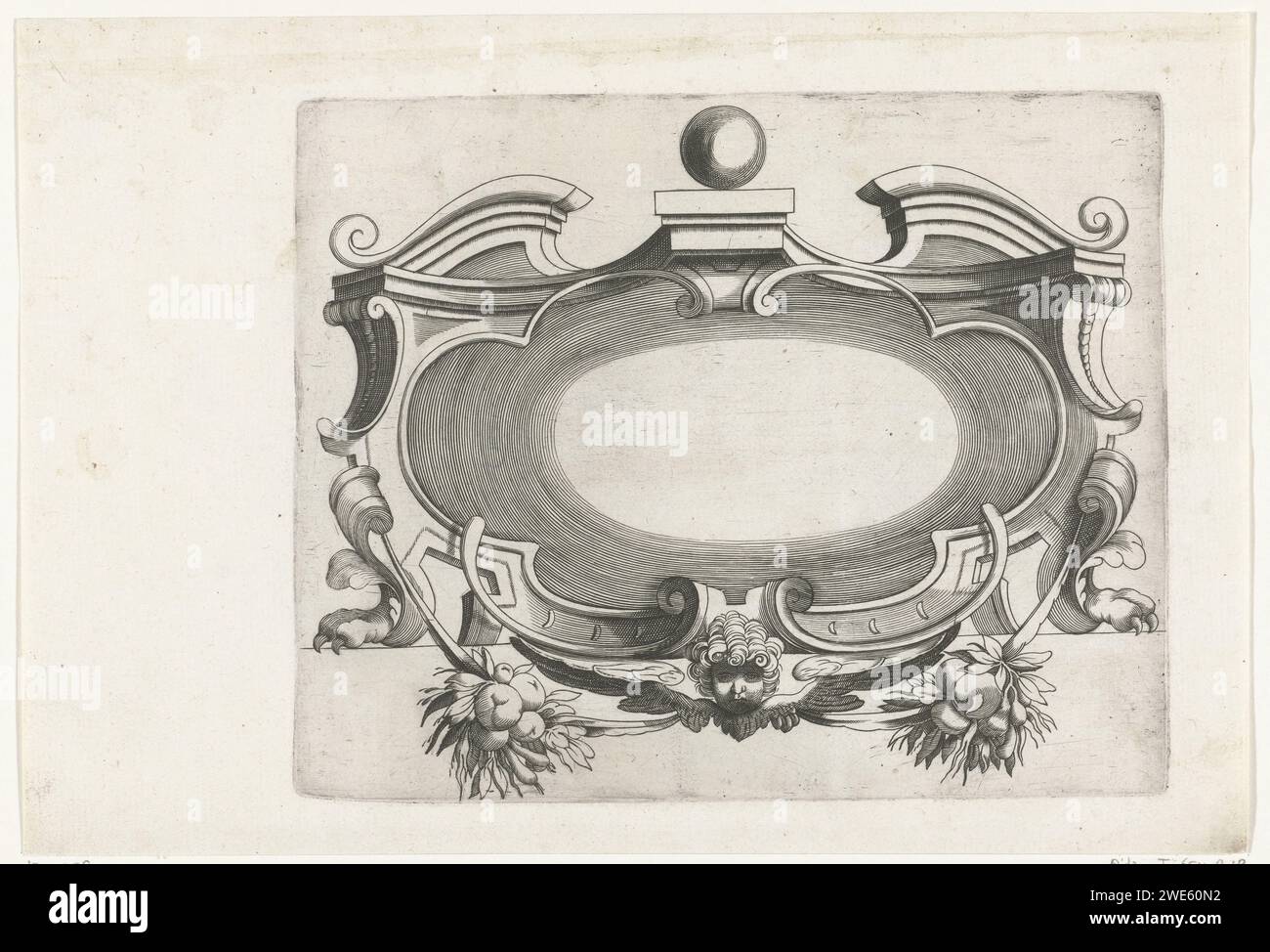 Cartouche sous la forme de fronton cassé, c. 1628 impression au milieu sous un chérubin entre des bouquets de fruits. Gravure sur papier France Banque D'Images