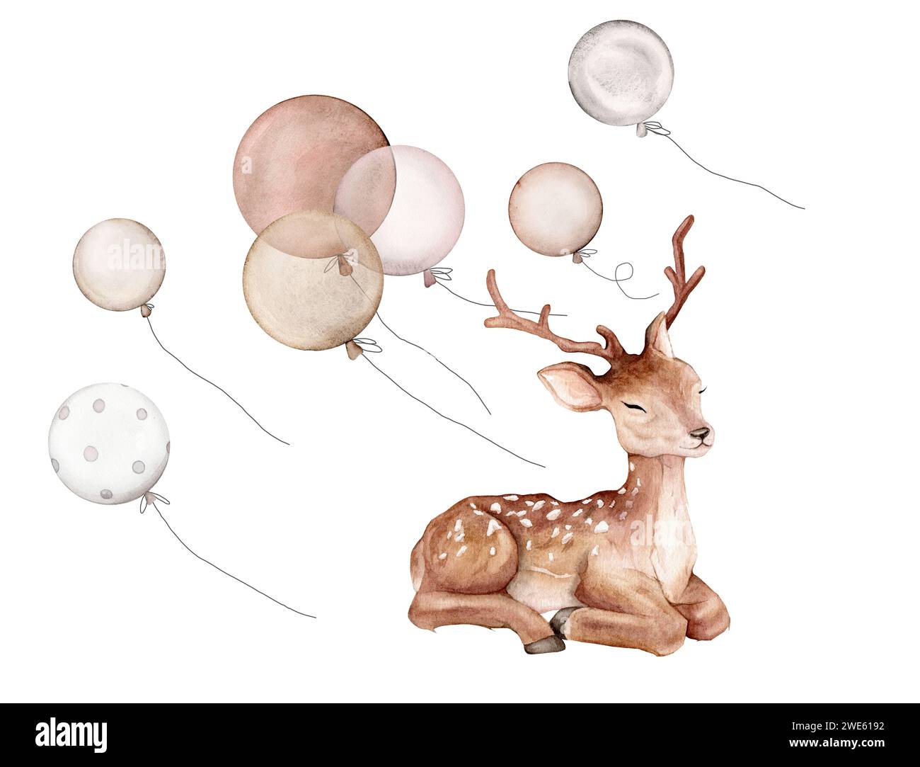 Aquarelle Air Balloons sur fond isolé et bébé cerf. Illustration dessinée à la main pour les cartes de vœux. Ensemble minimal pour la célébration de fête. Heureux Banque D'Images