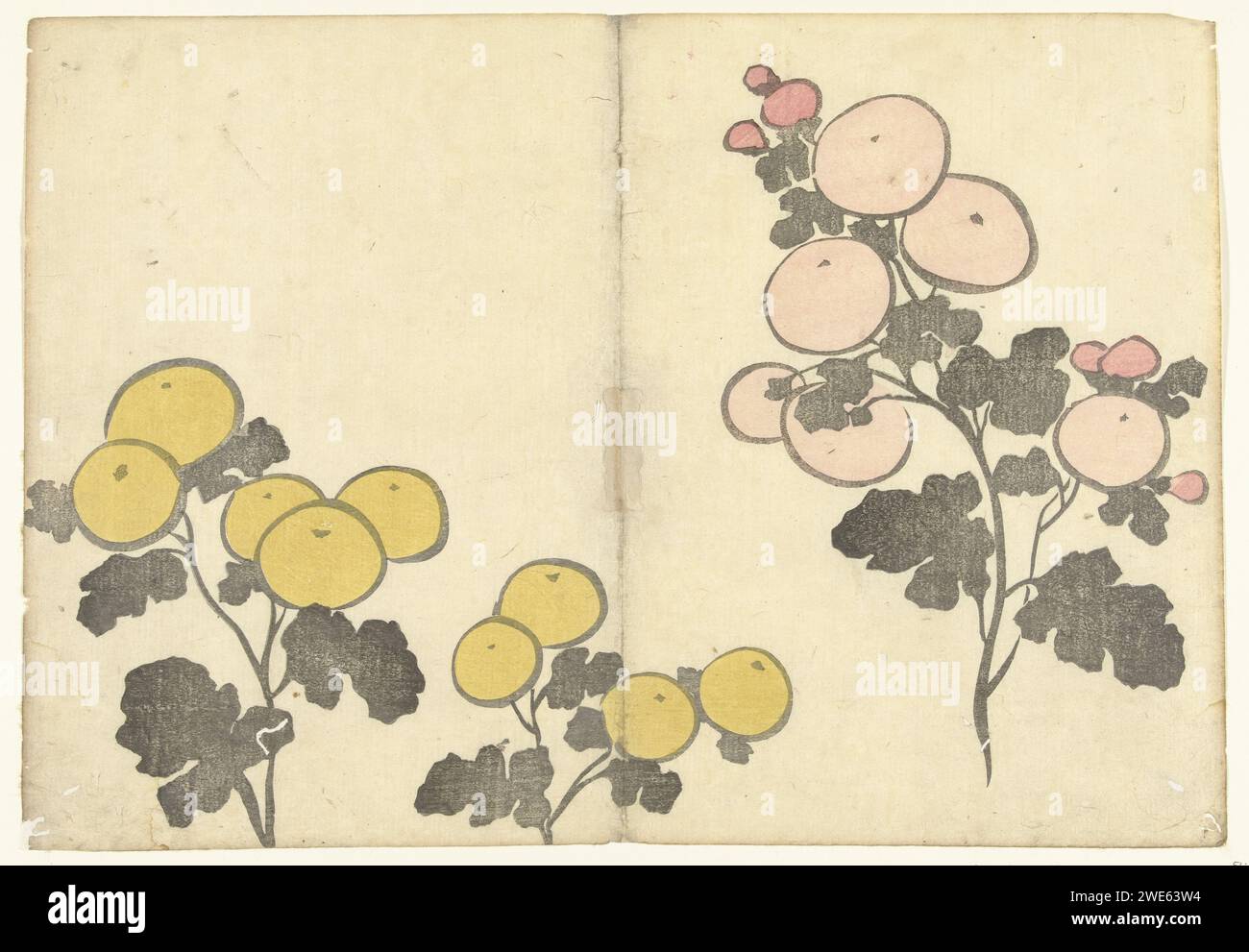Fleurs stylisées jaunes et roses, Nakamura Hôchû, 1826 imprimeur : Edoprinter : Edopublisher : Edoprint fabricant : Edoprint couleur papier Edo fleurs gravées sur bois Banque D'Images