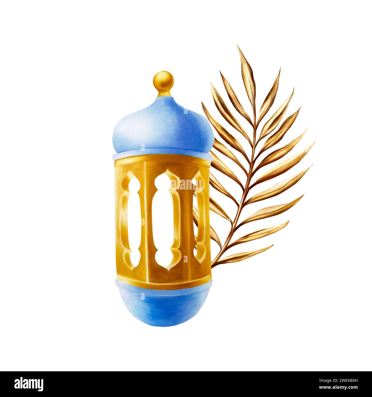 Illustration de lanterne arabe islamique aquarelle avec branche de palmier dattier doré et herbe de pampas isolée sur fond blanc. Musulman doré main dessinée h Banque D'Images