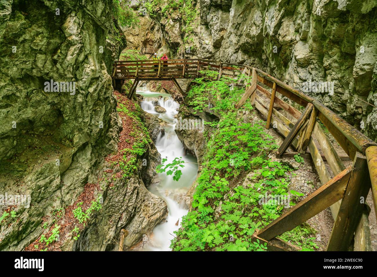 Autriche, Tyrol, randonneurs debout sur le pont dans le canyon de Wolfsklamm Banque D'Images