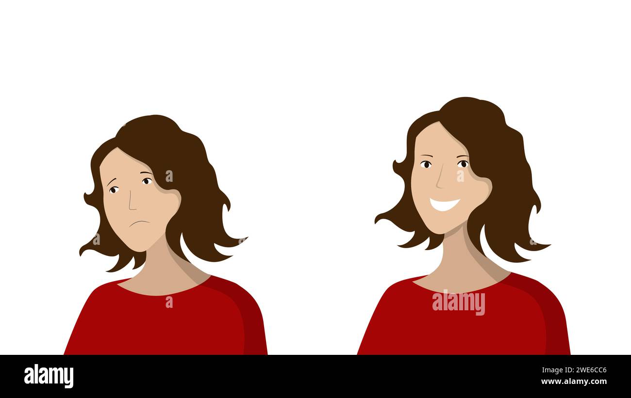 femme face triste et heureuse. Avant et après réaction d'une humeur humaine. Conception de personnages. Illustration du véstor plat Illustration de Vecteur