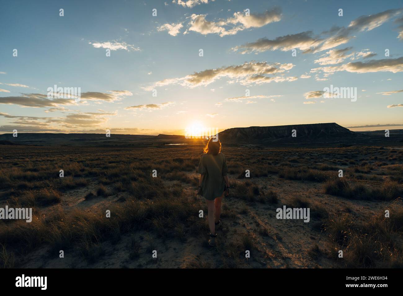 Femme marchant au milieu des plantes sur le paysage désertique au coucher du soleil Banque D'Images