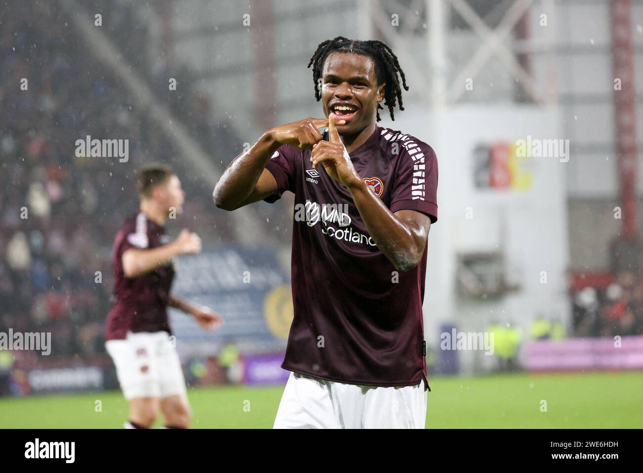 Edimbourg, Royaume-Uni. 23 janvier 2024. Parc Tynecastle. Edimbourg. Cinch Scottish Premiership .Hearts v Dundee 23 janvier 2024 pendant le match entre Hearts et Dundee, Dexter Lembikisa célèbre avoir marqué son premier but pour Hearts et l'égaliseur .Hearts a remporté 3-2 (crédit photo : Alamy Live News/David Mollison) crédit : David Mollison/Alamy Live News Banque D'Images