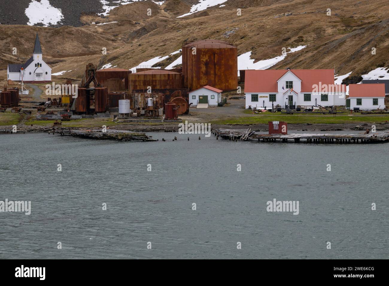 Ruines de la station baleinière Grytviken, île de Géorgie du Sud, église, musée, bateau, bâtiments, Banque D'Images